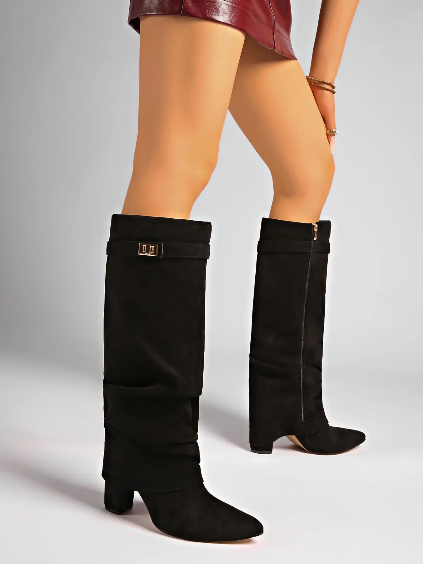 2026 Fall Winter Women's Knee-High Boots, Pointed Toe, Adjustable Strap, Metal Buckle, Casual Style, Fabric Upper, Rubber Sole