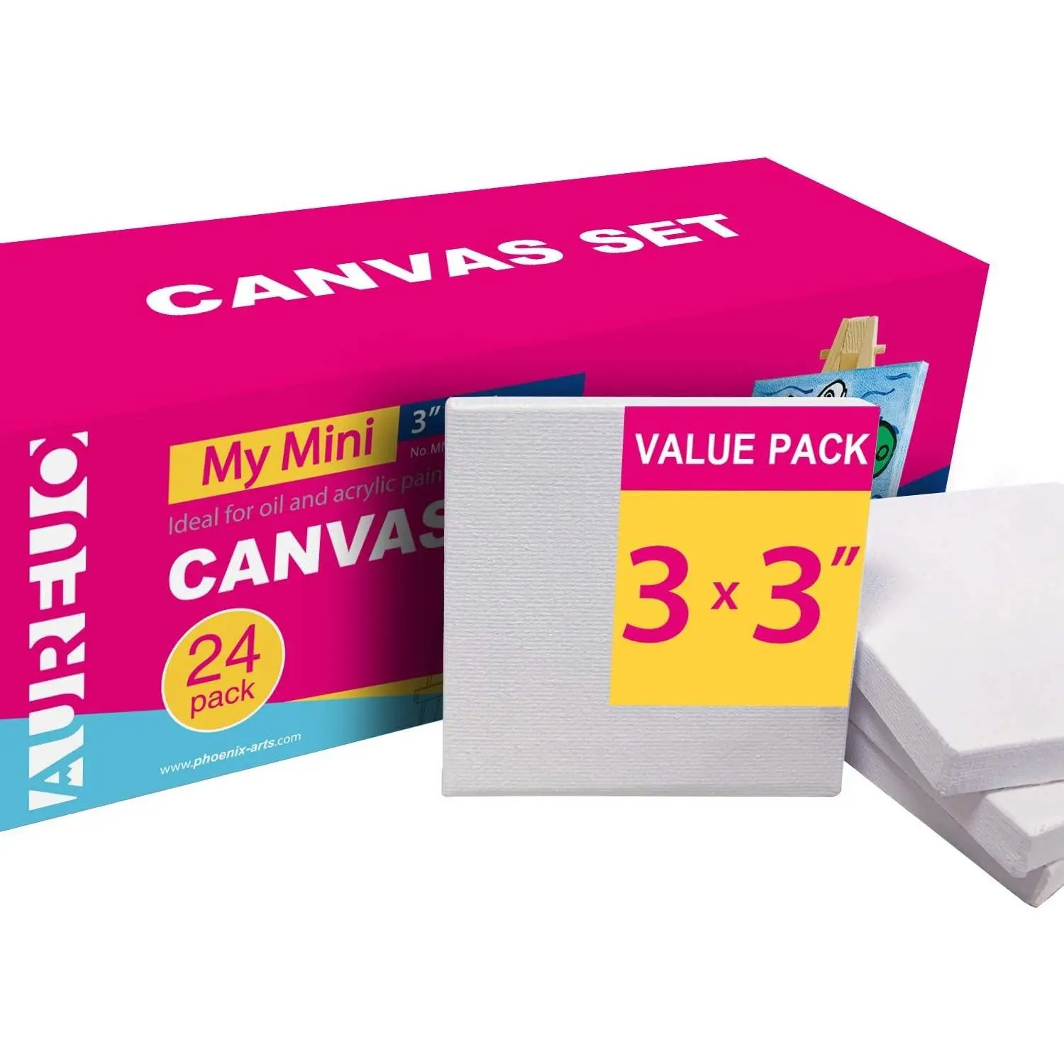 AUREUO Mini Stretched Canvas - 3x3 Inch/24 Pack - 2/5 Inch Profile Tiny Square Canvas Boards for Painting - Art Gift Set Bulk Pack Canvases for Acrylic Halloween Painting & Craft
