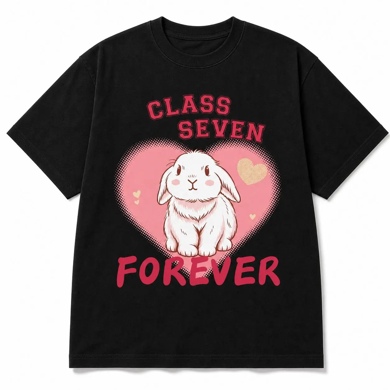Class 7 Bunny Heart Graphic Tee - Cute Black School Spirit Casual Animal T-Shirt