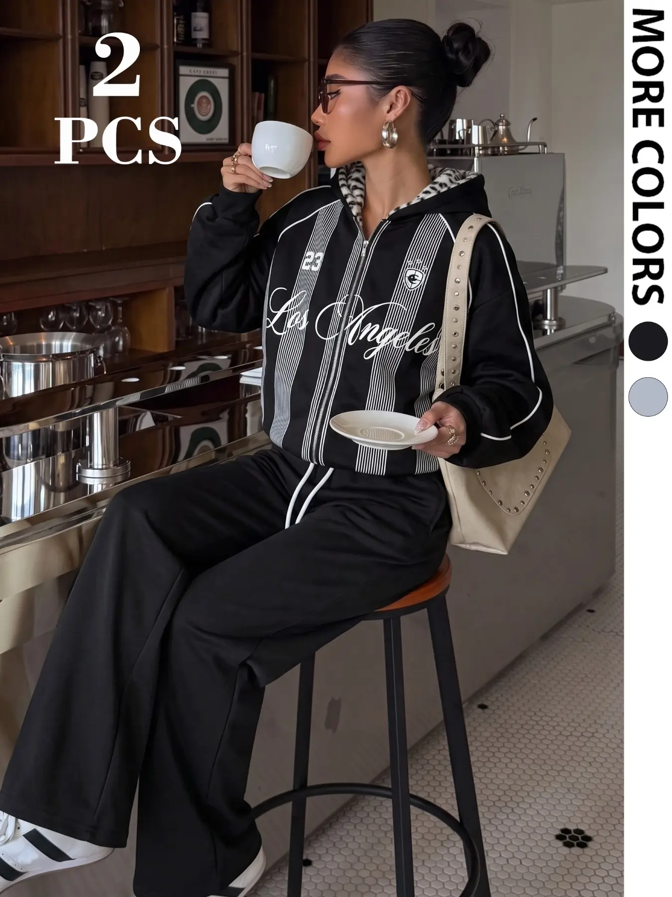 Women 2 Piece Loungewear Set, Los Angeles Printed Zip Up Hoodie & Wide Leg Sweatpants, Leopard Lined Hooded Tracksuit, Casual Y2K Streetwear Loose Matching Outfit, Soft Cozy Daily Sport Two Piece Set