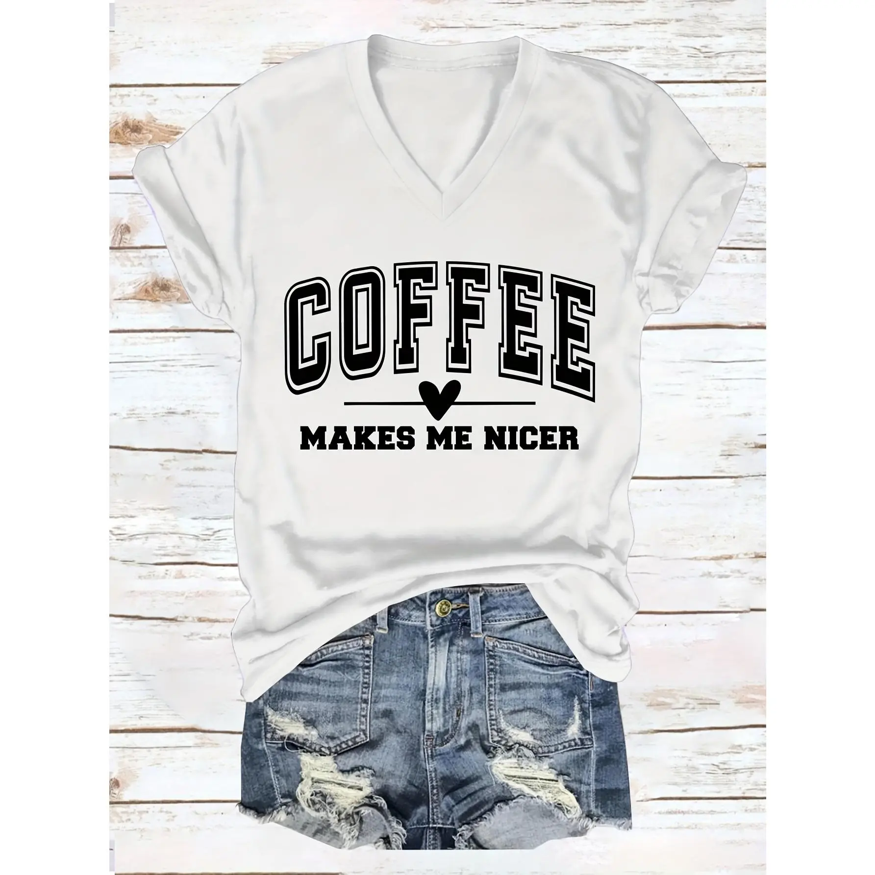 Coffee Makes Me Nicer Spot Easy V-Neck European And American Women'S T-Shirt Loose Short Sleeve