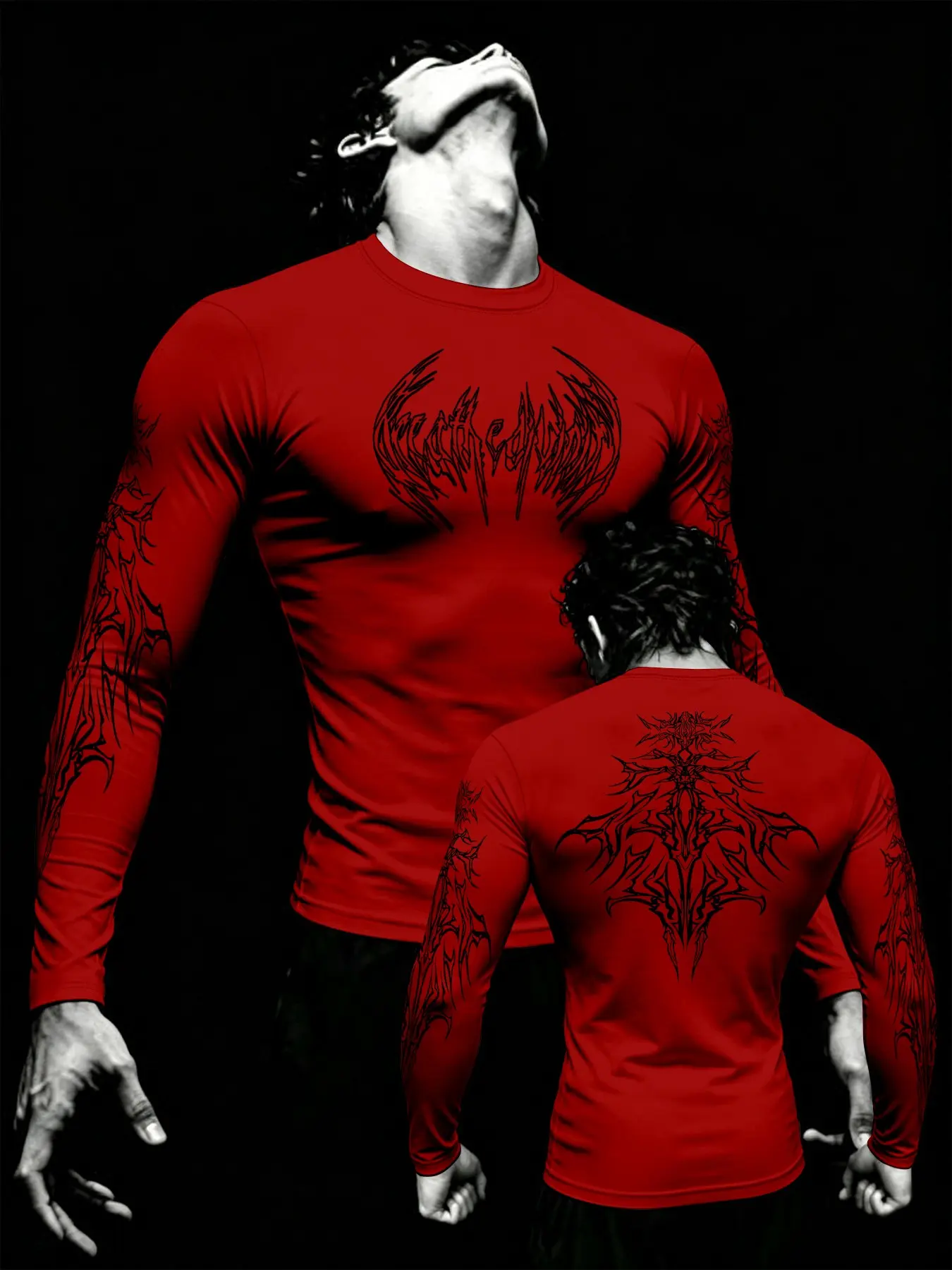 American Thorn Totem Fitted Long Sleeve Sportswear, Men's Trendy Print Round Neck Tight Muscle Tee, Daily Training Fitness Top