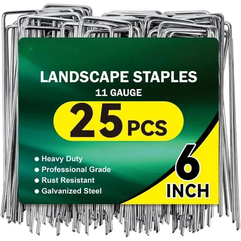 25 Pack Heavy Duty Landscape , 6 Inch 11-Gauge Galvanized Garden Stakes, Anti-Rust U-Shaped Yard Pins for Securing Weed Barrier Fabric, Yard Decorations