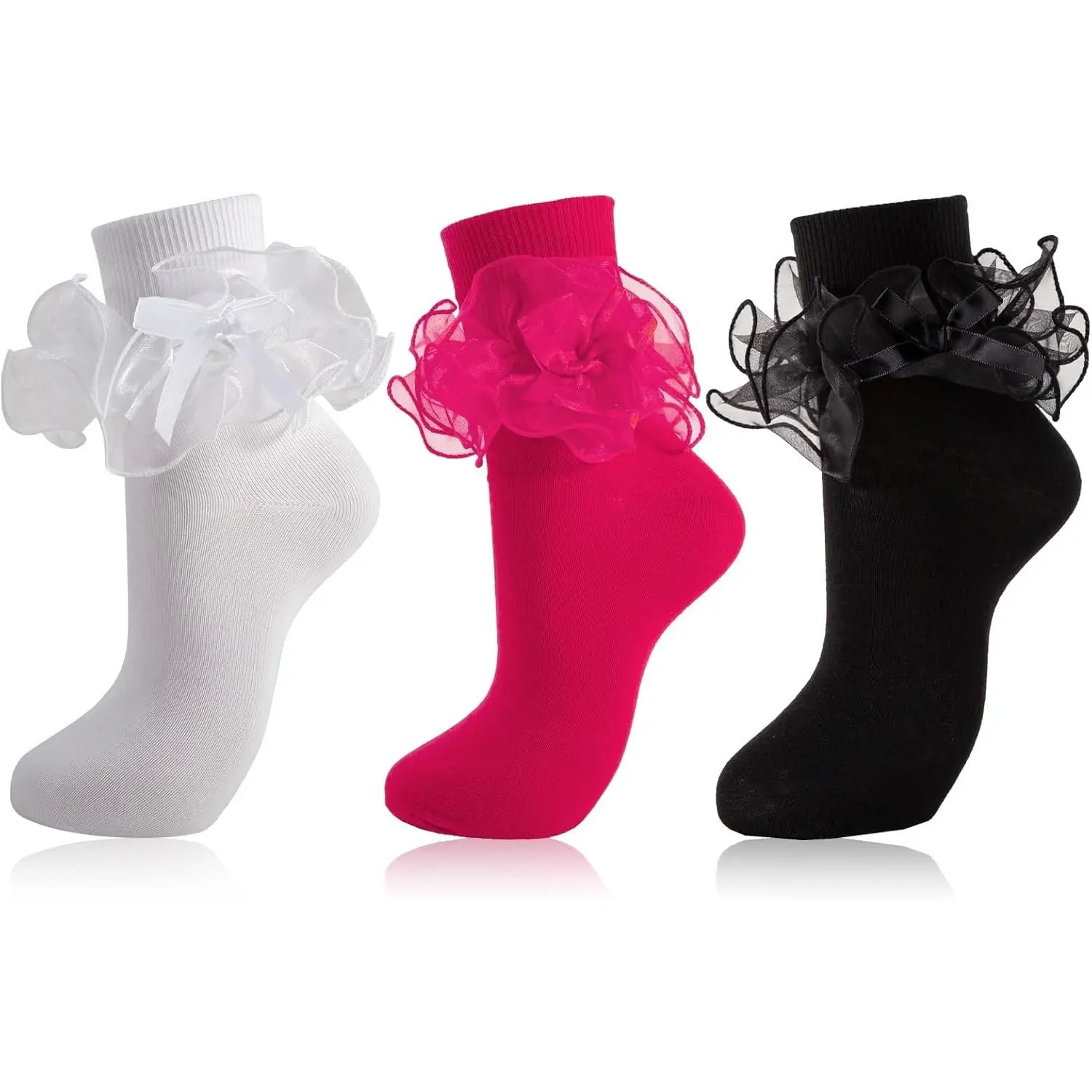 New Women Big Ruffle Ankle Socks Double Lace Frilly Dress Socks with Bow Cute Crew Turn Cuff 80s Fancy Bobby Bride Sock