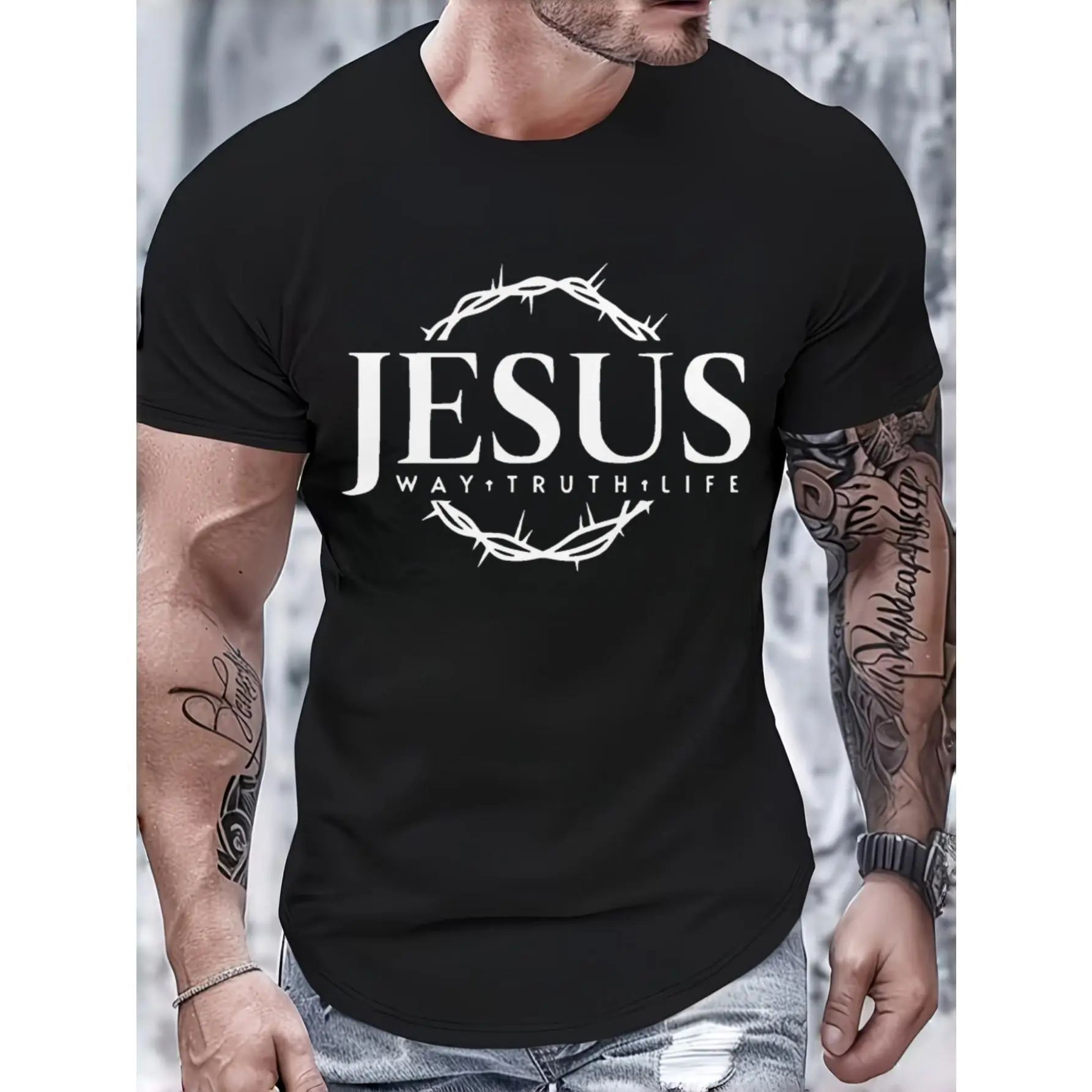 Religious Graphic, Men's T-Shirt, Jesus Way Truth Life Crown Of Thorns Design, Casual Summer Wear, Gift For Christian Men