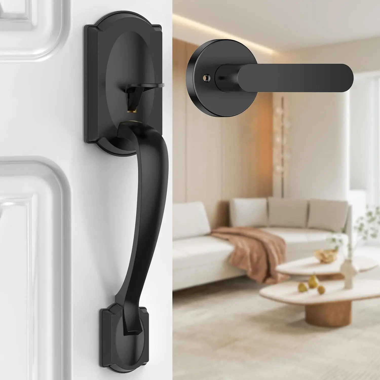 Front Door Handle, Black Exterior Door Handle with Passage Lever, Vintage Front Door Handle No Lock, Reversible for Left & Handed Doors, Half Grip