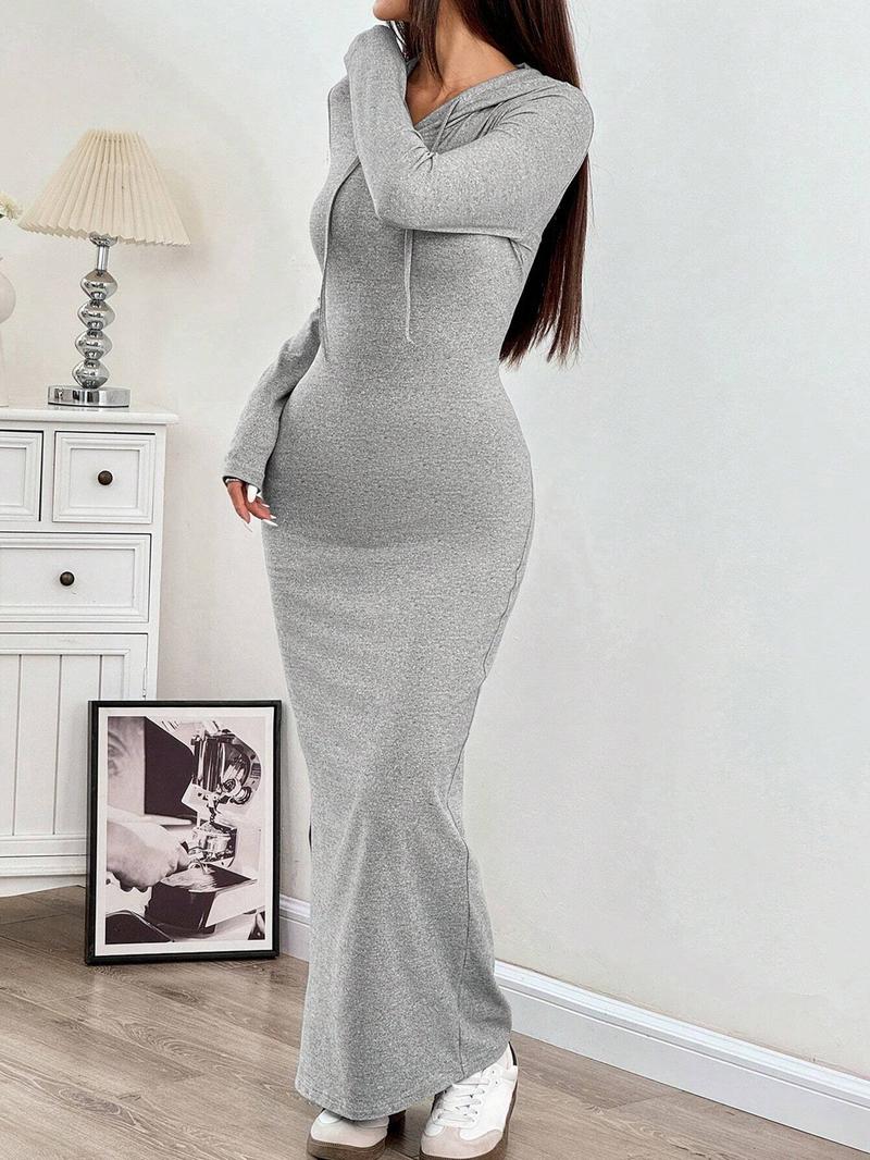 Women's Hooded Slim-Fit Long-Sleeve Dress with Drawstring, Ladies' Casual Fall and Winter Fashion Dress for Daily Wear