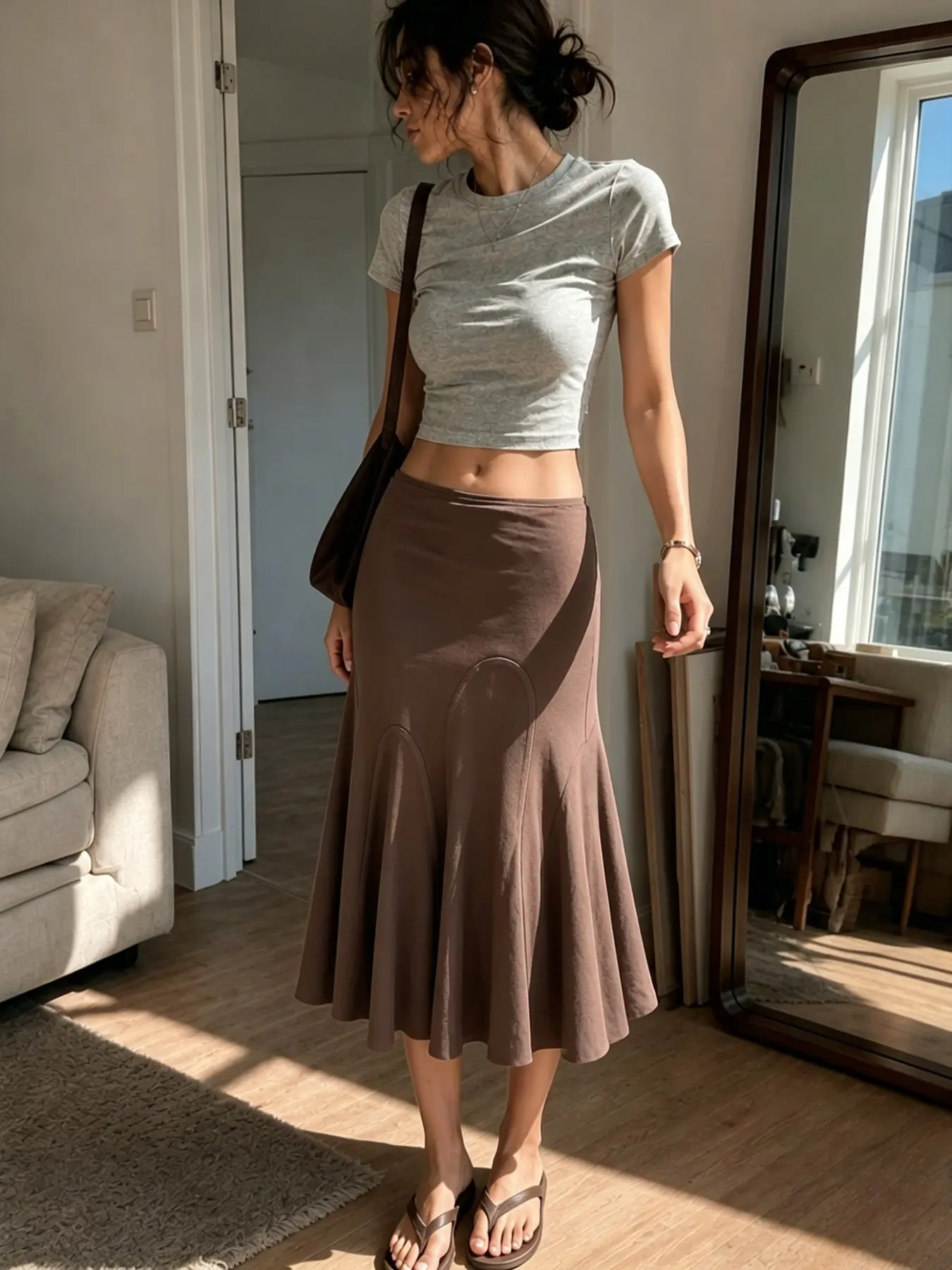 Women's Low Waist A-Line Midi Skirt, Slimming Flowy Umbrella Skirt, French Office Chic Style, Elegant Fashion Skirt, Medium-Length Dress, Lightweight Skirts