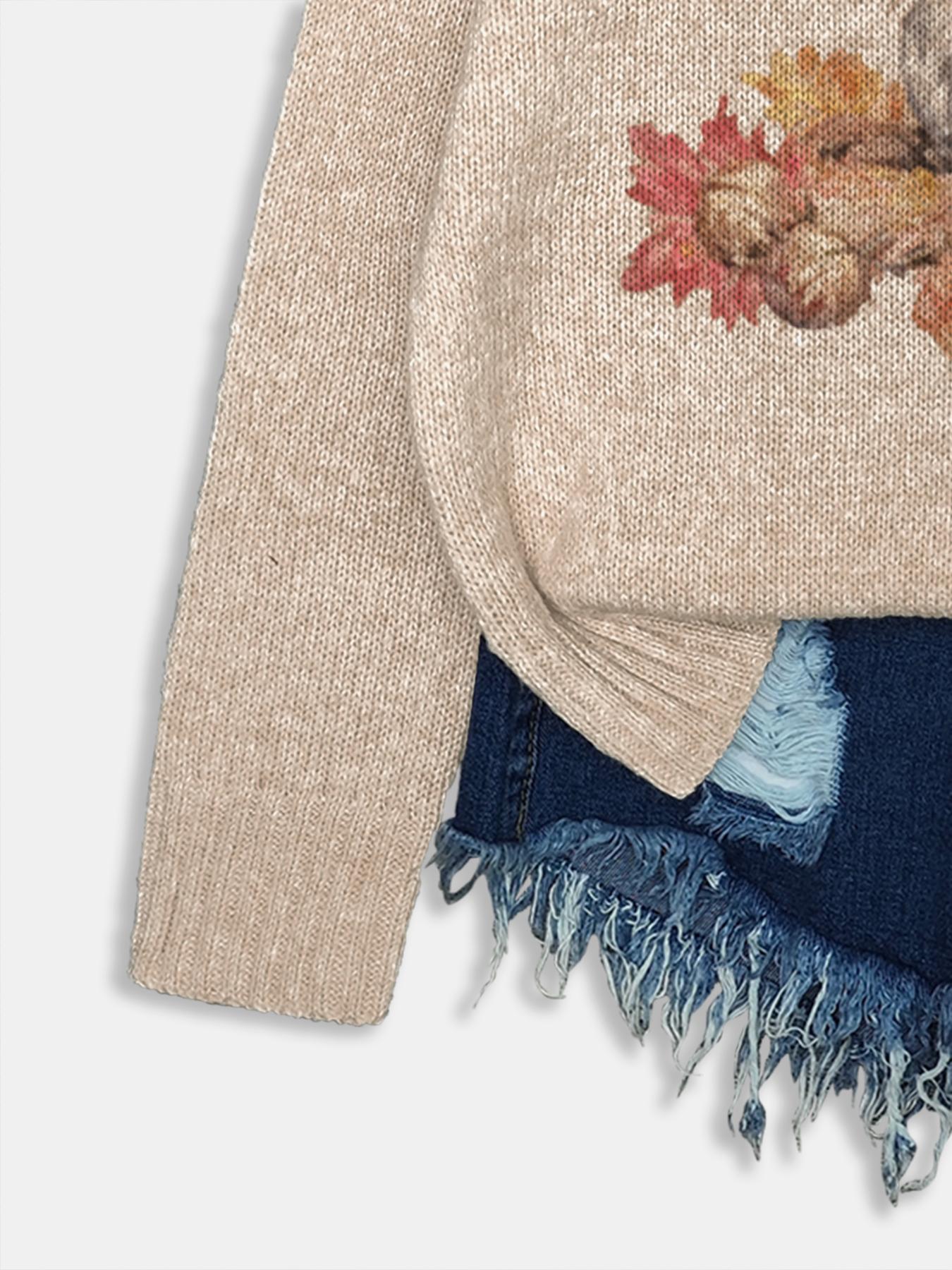 Women's Round Neck Cartoon Squirrel Print Sweater Knitwear, Loose-Fit Casual Knitted Pullover for Fall & Winter, Comfortable Daily Wear