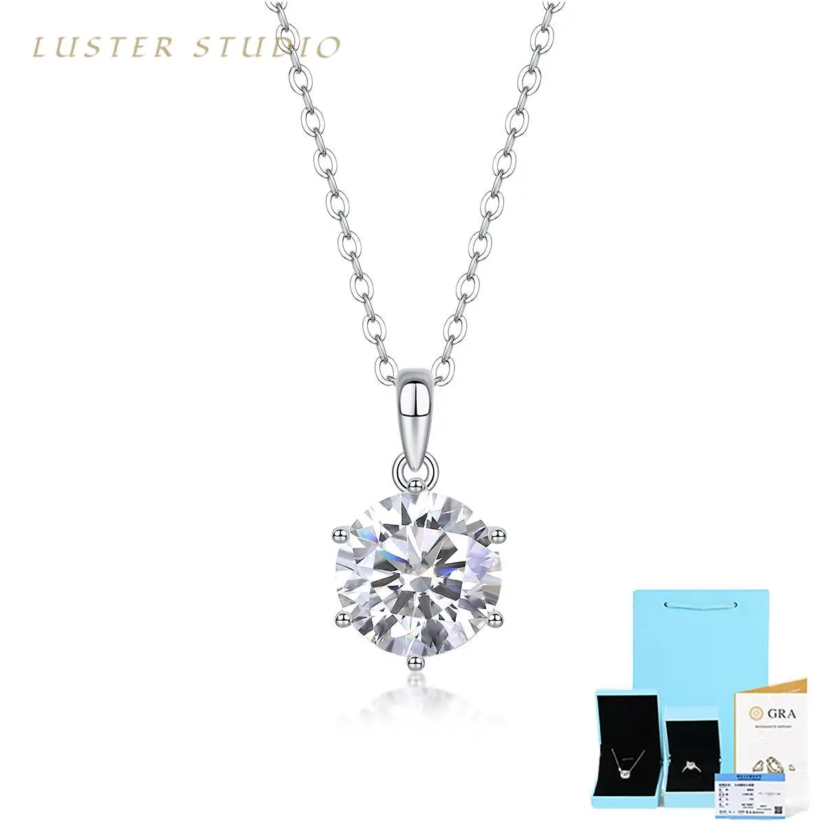 Luster Studio Grand 3CT Brilliant Round-Cut Moissanite Solitaire Necklace - S925 Sterling Silver Luxury Pendant, Exquisite Gift for Her, Birthday, Girlfriend Birthday Gift, Synthetic, 3-Carat Round Cut