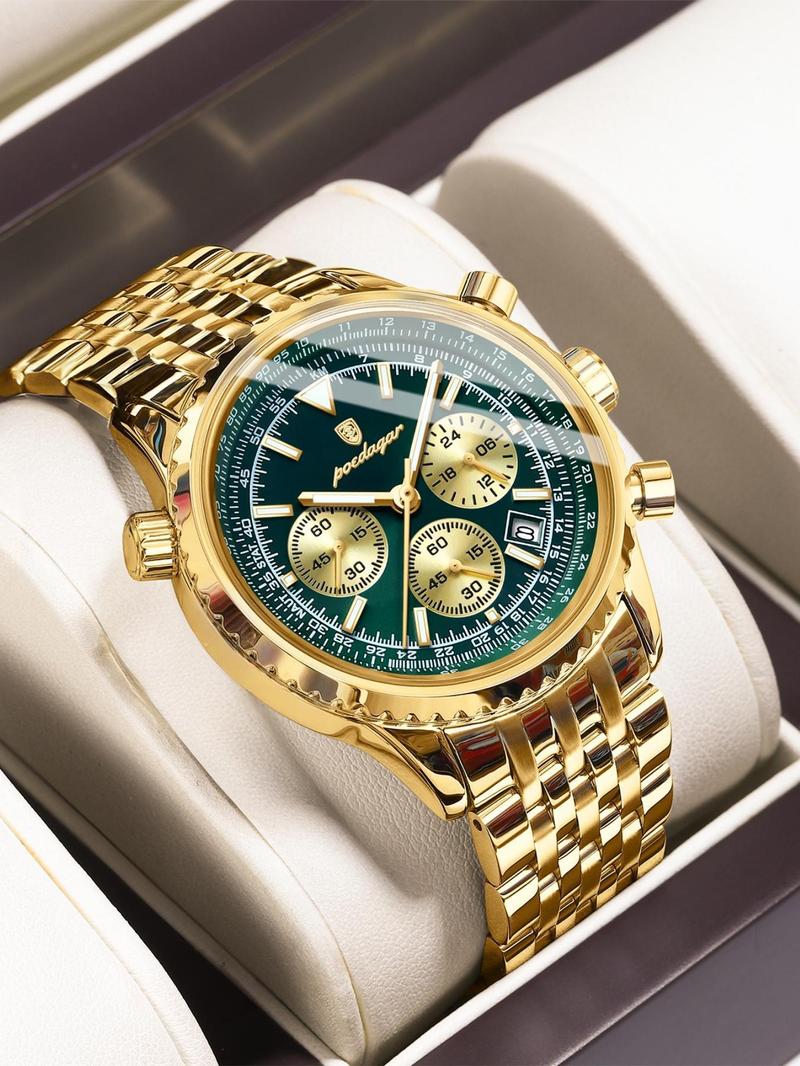 Business Fashion Round Dial Analog Quartz Watches for Men, Trendy Multifunctional Watch, Waterproof Luminous Date Chronograph Watch, Stainless Steel Watch for Men Gifts, with Box