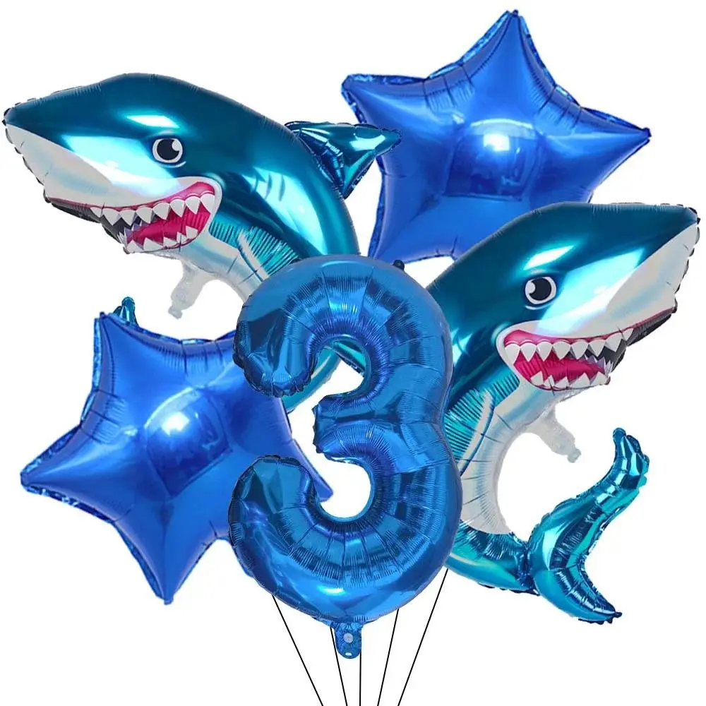 5pcs Cartoon Blue Shark Number Digital Balloons Set Boys Ocean Marine Animals Birthday Party Decor Supplies Kids Favor Gifts