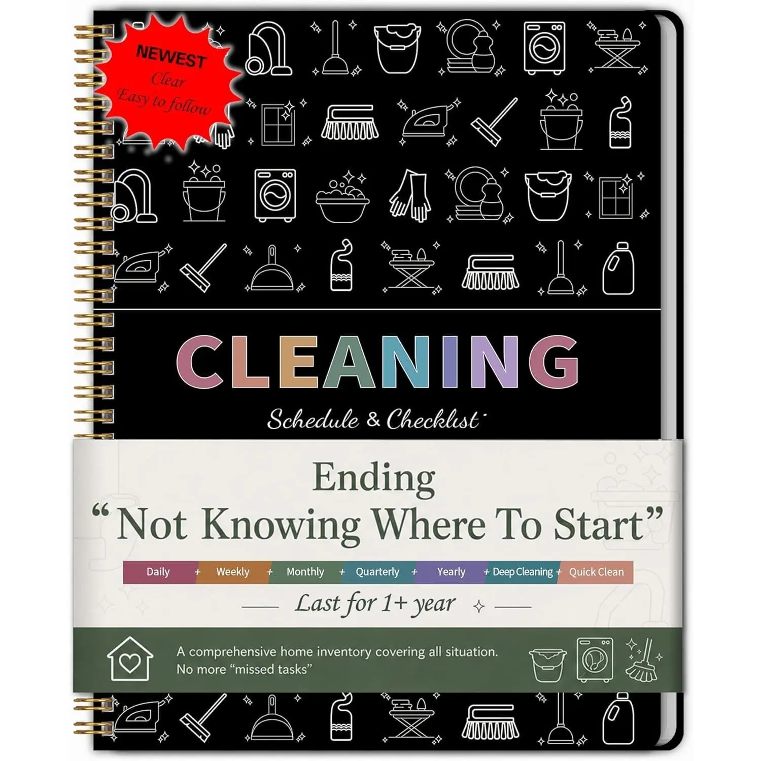 Black 60-Week Cleaning Planner Organizer for Busy Adults, 8.5"x11" Guided Daily Weekly Monthly Chore Schedule & Checklist, Journal for Overwhelmed Families, Busy Moms