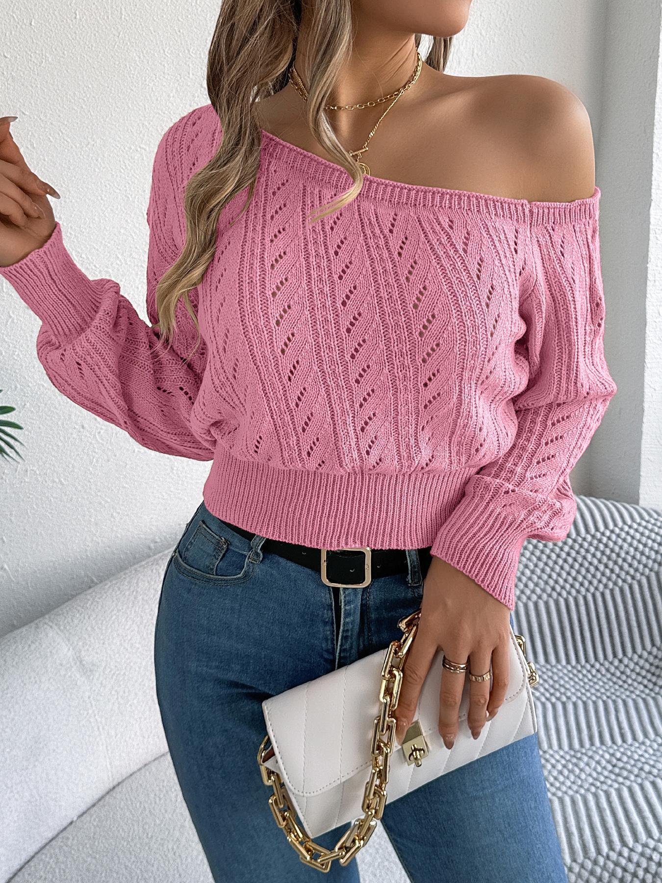 Women's Plain Textured Hollow-Out Asymmetrical Neck Sweater, Elegant Raglan Sleeve Jumper for Fall & Winter, Fashion Ladies' Knitwear for Daily Wear