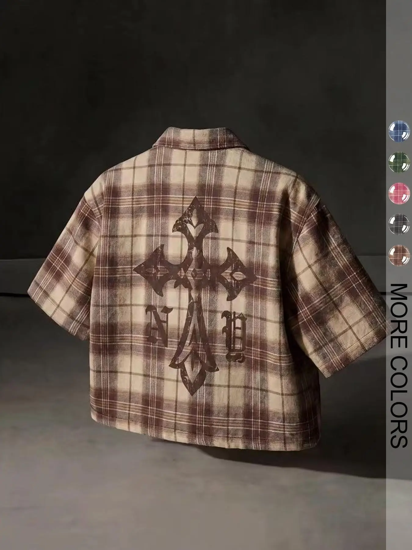 Men's Multi-color Option Vintage Green Plaid Cropped Short Sleeve Collared Button Up Shirt, Back Distressed Gothic Cross And Old English Letter Print, Loose Boxy Grunge Punk Street Casual Blouse, Multiple Plaid Colorways Available, Casual Streetwear Top