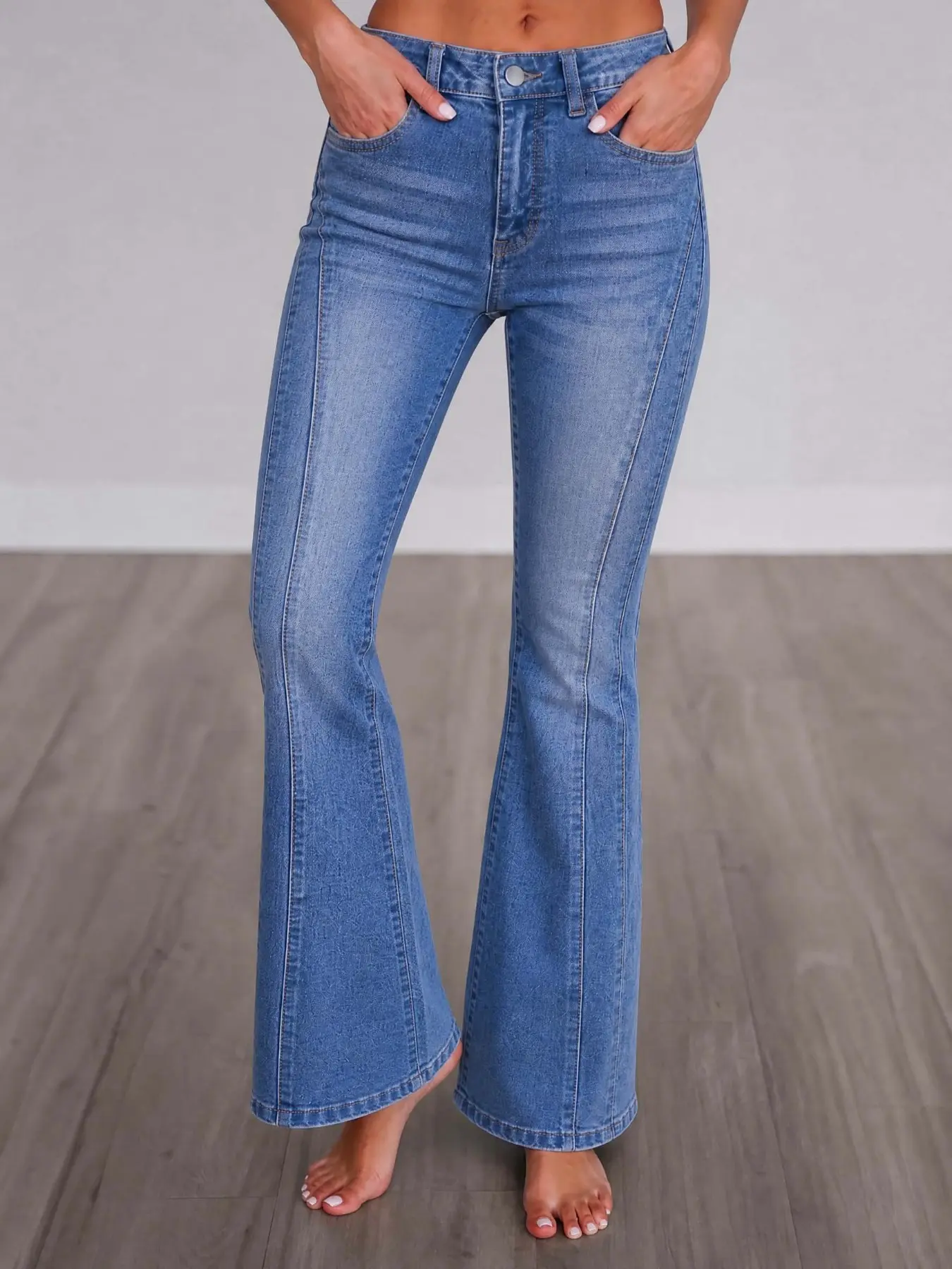 High-Waisted Vertical Stripe Denim Jeans, Light Blue Vintage Washed Elastic Bell Bottoms, Y2K American Street Style, Retro Fashion