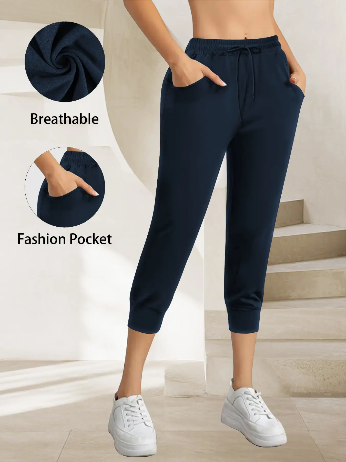Women's Drawstring Seven-Quarter Leg Sports Pants, High Waist Elastic Joggers with Side Pockets, Casual Fitness Daily Wear, Breathable Athleisure Bottoms