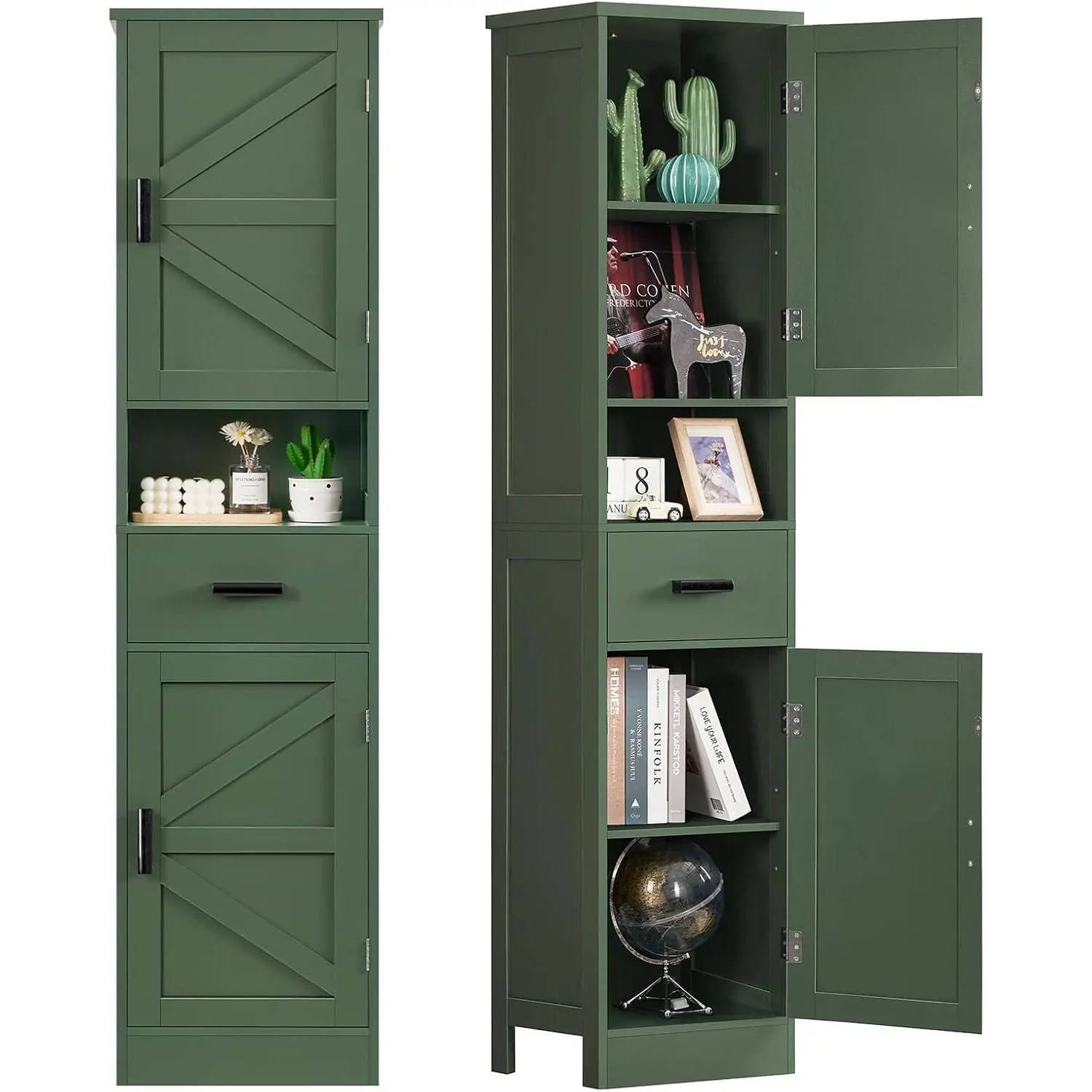 67" H Tall Bathroom Storage Cabinet with Barn Doors and Drawer, Narrow Bathroom Cabinet, Narrow Storage Unit, Adjustable Shelves, Floor Cabinets for Living Room, Forest Green