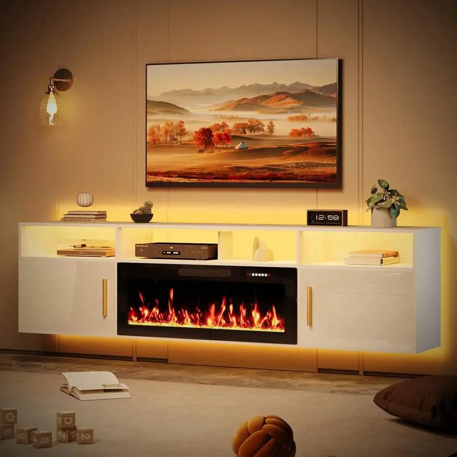 80"Floating Fireplace TV Stand, Modern Floating TV Stand Wall Mounted With 36" Fireplace, White Floating Entertainment Center Fire Place TV Stands For Living Room Media Console