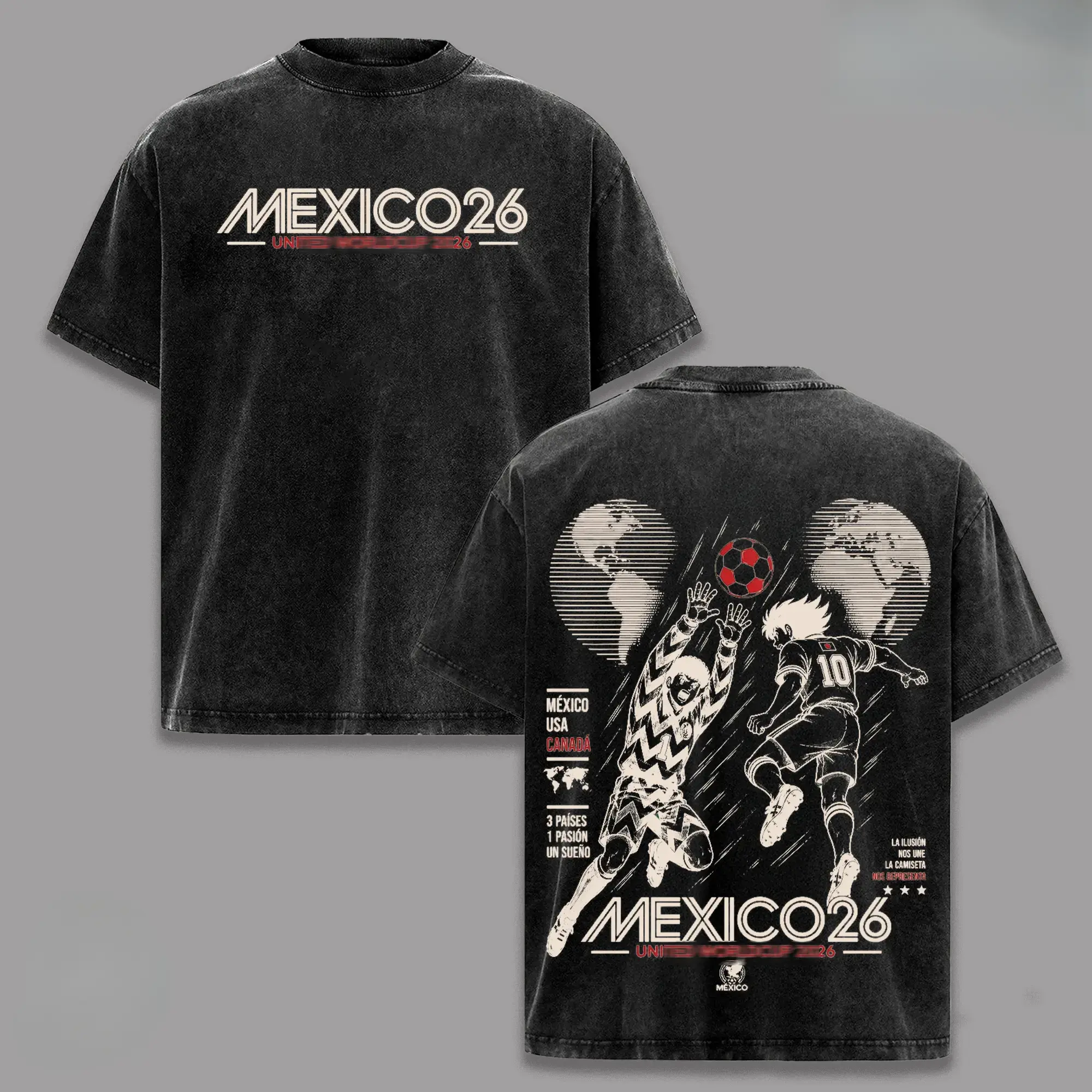 Men's Heavy Cotton T-Shirt, Vintage Washed Mexico 2026 Football Graphic, Oversized Casual Streetwear for Fans, Tshirt, Casual Menswear, Vintage Graphic Tees, Print