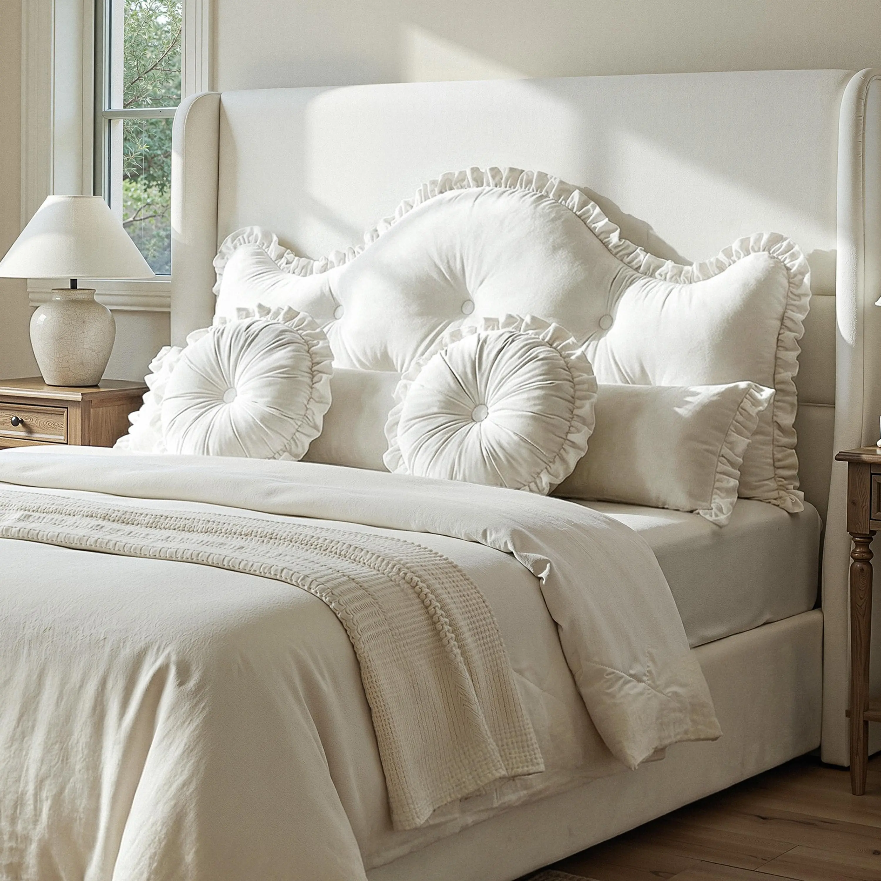 Cozydozy4-Piece Ruffled Headboard Pillow Set, Cream White Dutch Velvet Tufted Bed Rest Cushion for Bed, Back Support Reading Pillow