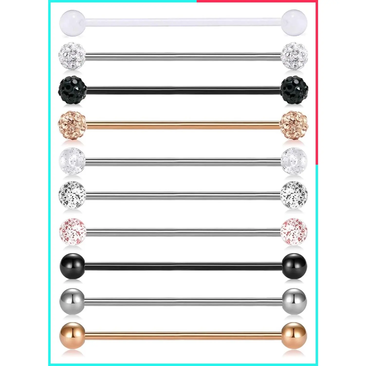 10Pcs 14G Stainless Steel Industrial Barbell Earrings Cartilage Body Piercing Jewelry - 32mm 35mm 38mm Bars