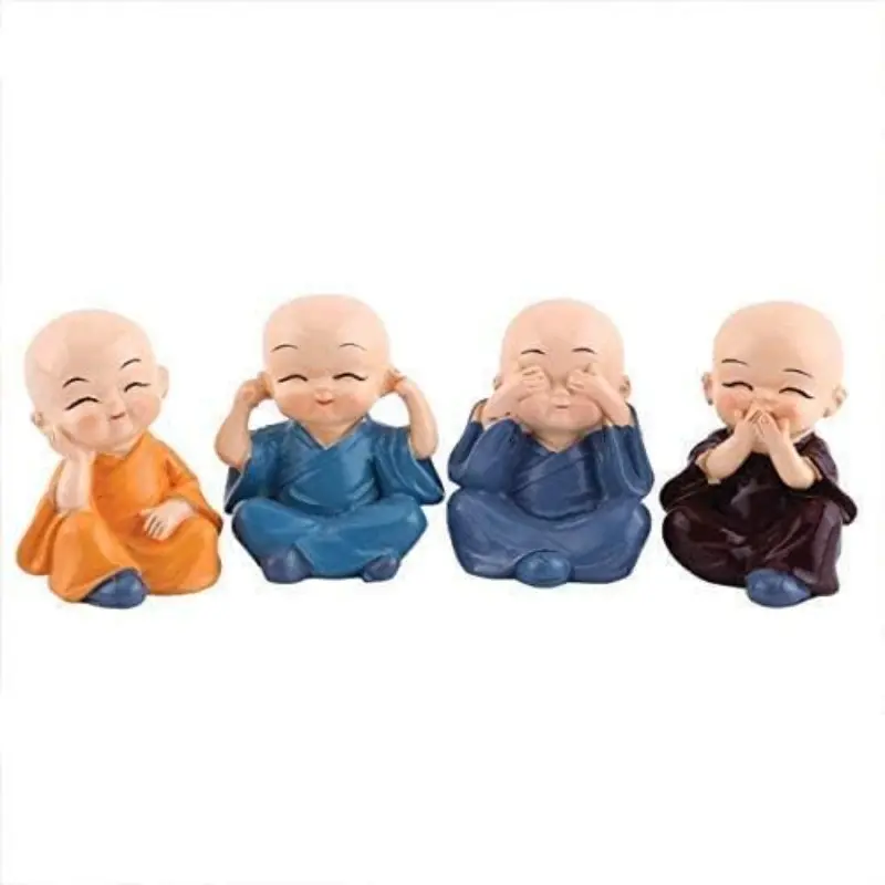 4 Piece Set Cute Kung Fu Monk Statues, Mini Buddha Sculptures, Artistic Zen Decor, Wall Shelf, Desk, Garden, Home Office, Car Decoration Gift