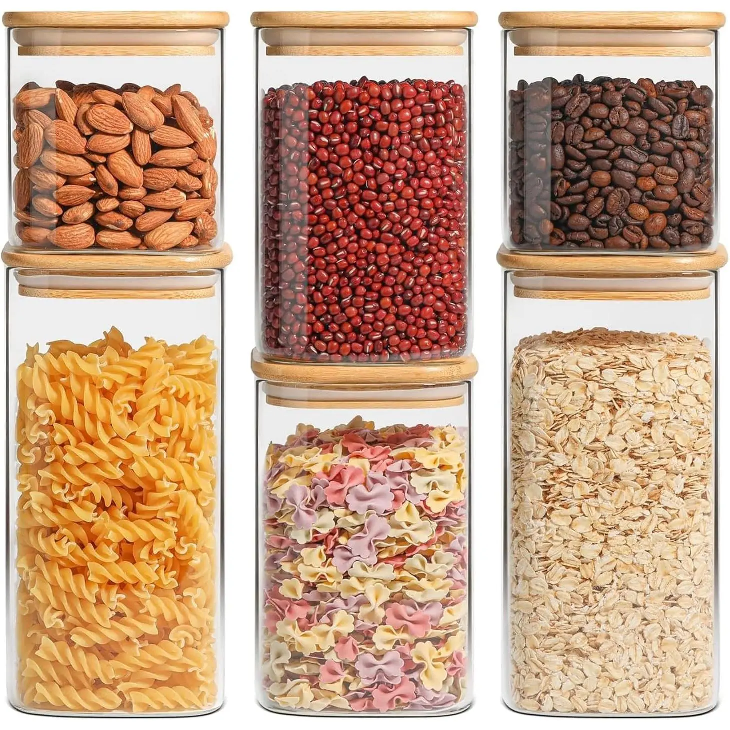 Airtight Glass Storage Canister with Lids (0.7Qt/1.2Qt/1.6Qt) Set of 6, Food Storage Container Kitchen Pantry Storage Jar, Glass Jars for Flour Cereal Sugar Tea Coffee Beans Snacks, Square