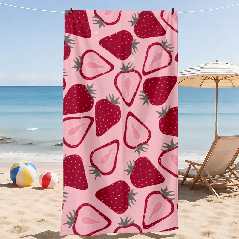 Tropical Strawberry Print Beach Towel, Strawberry Fruit Design, Soft Comfortable, Absorbent Anti-Sand, Ideal for Beach Pool Travel Camping