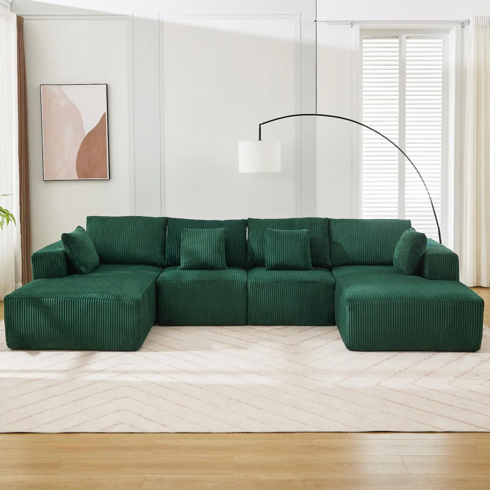 137" Modular Sectional Sofa, Cloud Couch with Chaise, Deep Seat, Armrests and Plush Corduroy Fabric, U-Shape Boneless Compression Sectional Couch for Living Room, Green