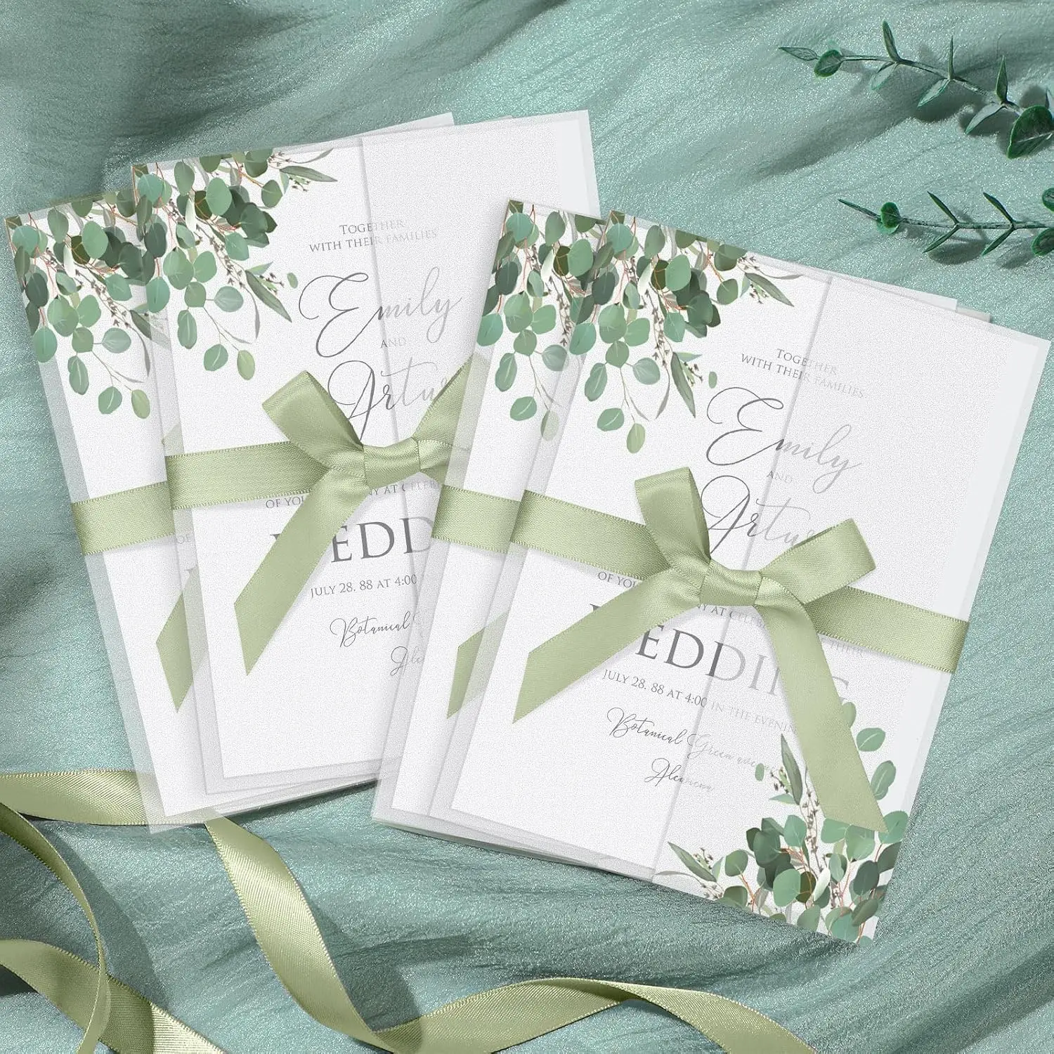 100 count Greenery Eucalyptus Pre Folded Vellum Jackets for 5x7 Invitations 130gsm Transparent Envelope Liners Bulk Vellum Paper 5x7 with Ribbons Wedding Invitations Wraps for Wedding Cards