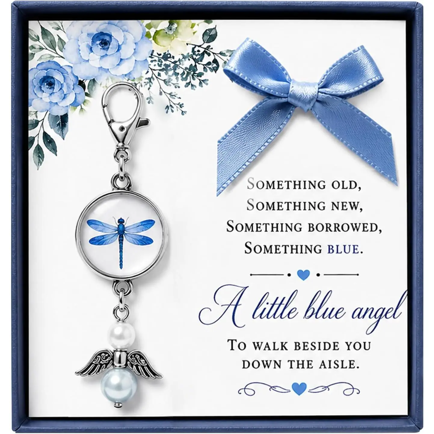 Memorial Wedding Bouquet Charm for Bride, Something Blue Angel   for Loss of Loved , Wedding Remembrance Charm for Deceased Mom Dad Grandma, Bridal Bouquet Pendant for Walk Down The Aisle