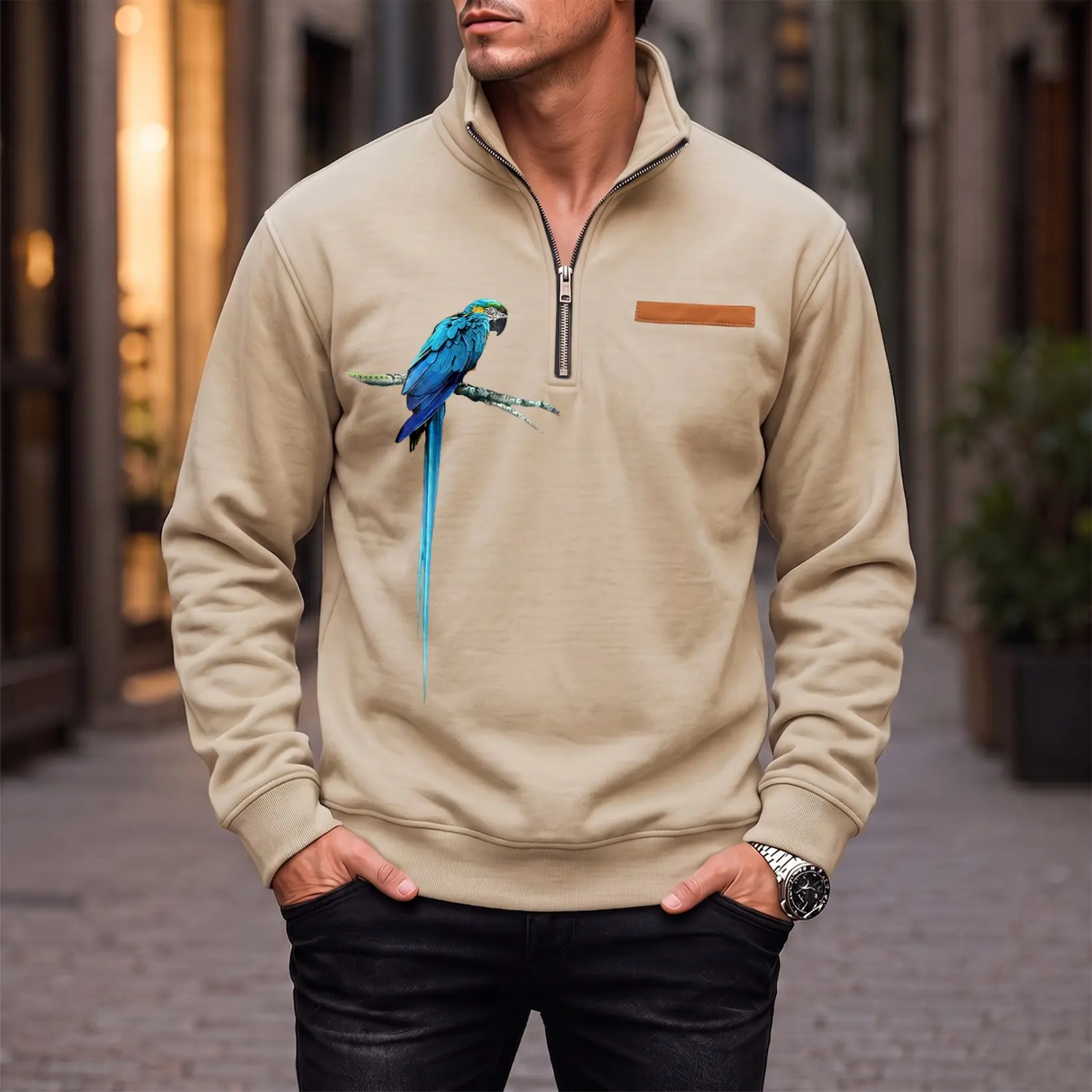Men's Blue Parrot Graphic Quarter Zip Pullover Sweatshirt, Fleece Lined Stand Collar Long Sleeve Casual Tops, Warm Fall Winter Outdoor Sweatshirt for Daily Wear, Travel, Hiking and Streetwear