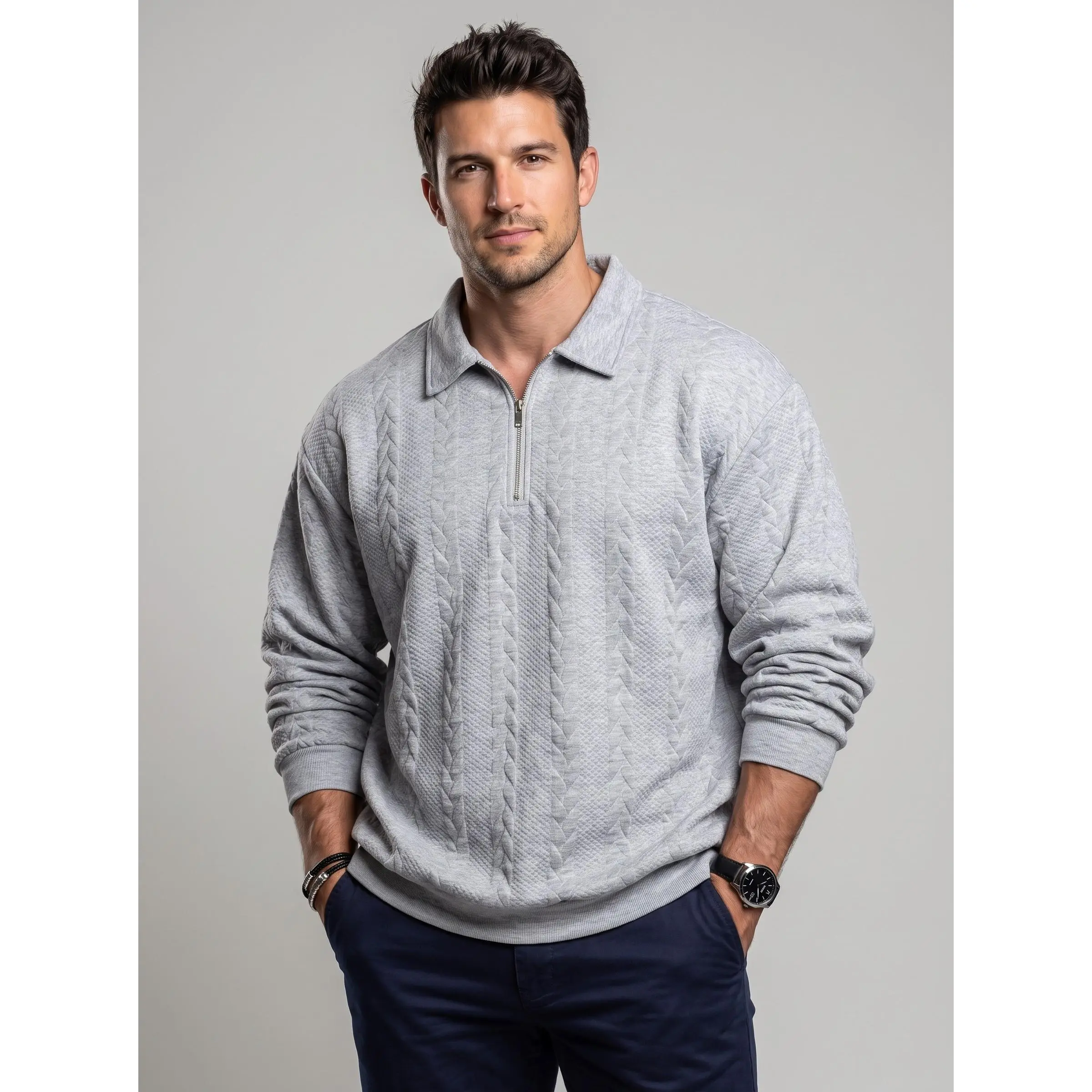 KZZ Men's Long-Sleeve, Collared, Half-Zip Pullover Sweatshirt for Outdoor Casual Wear