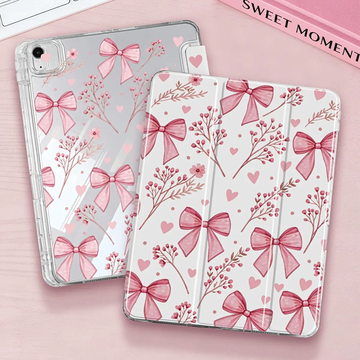Kawaii Girly Blush Pink Floral Bow TPU Plastic Tablet Case - 11/10.2in Trifold Stand Smart Cover with Pen Slot for iPad Mini6/7, 10th/9th/8th/11th Gen & A16 (2020-2021 Models)
