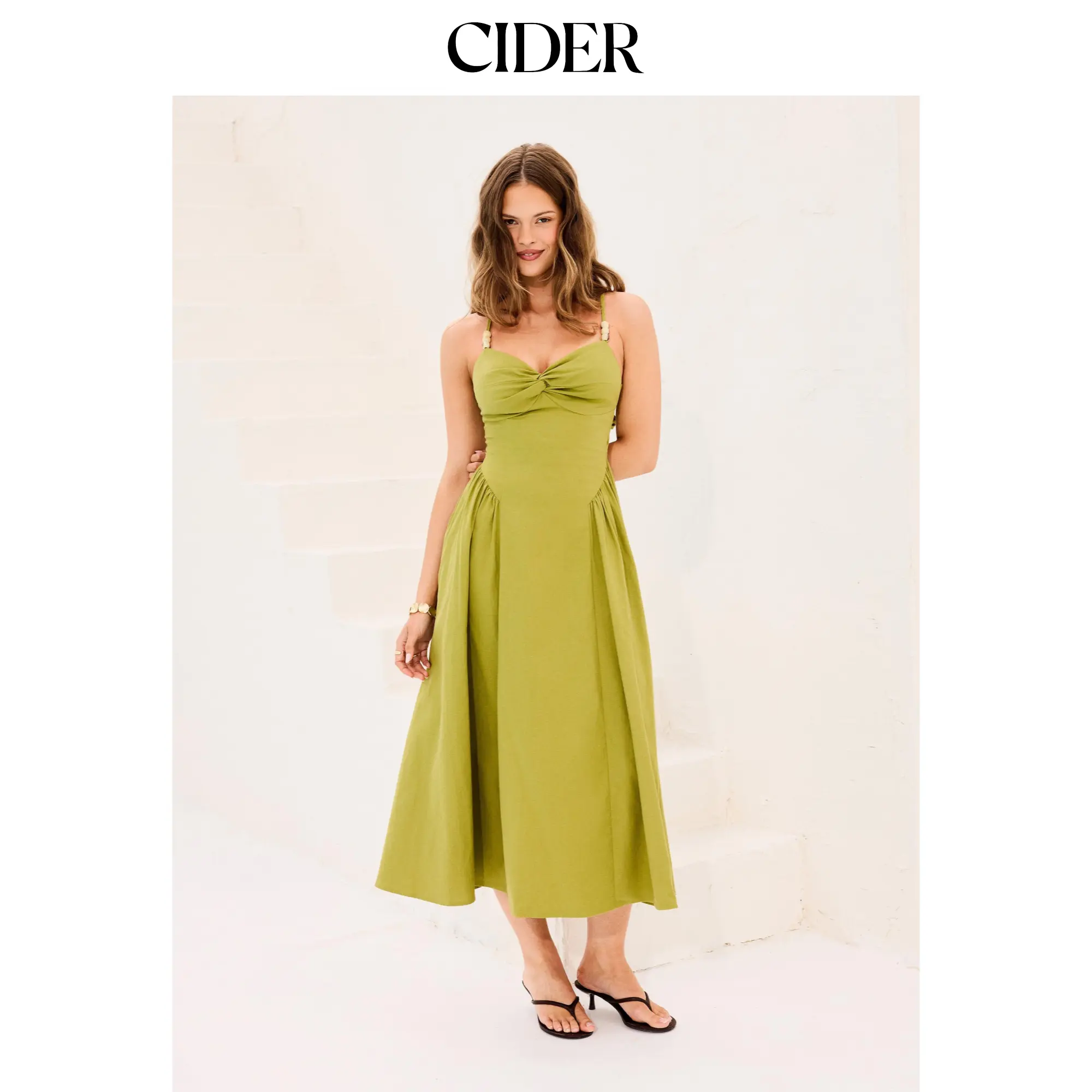 Cider Linen-blend Sweetheart Twist Knotted Flared Maxi Dress SohoChic