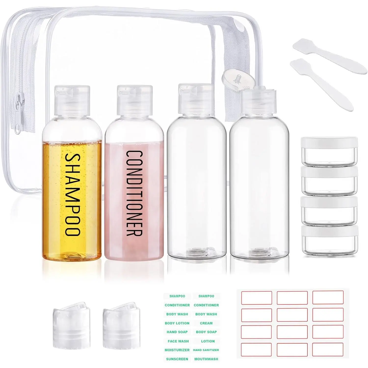 8 Pack 3.4oz TSA Approved Pre-print Travel Bottles for Toiletries | Travel Shampoo Bottles, Leak Proof, Plastic Squeeze Bottle, 0.35oz Small Cream Jars, and a Toiletry Bag