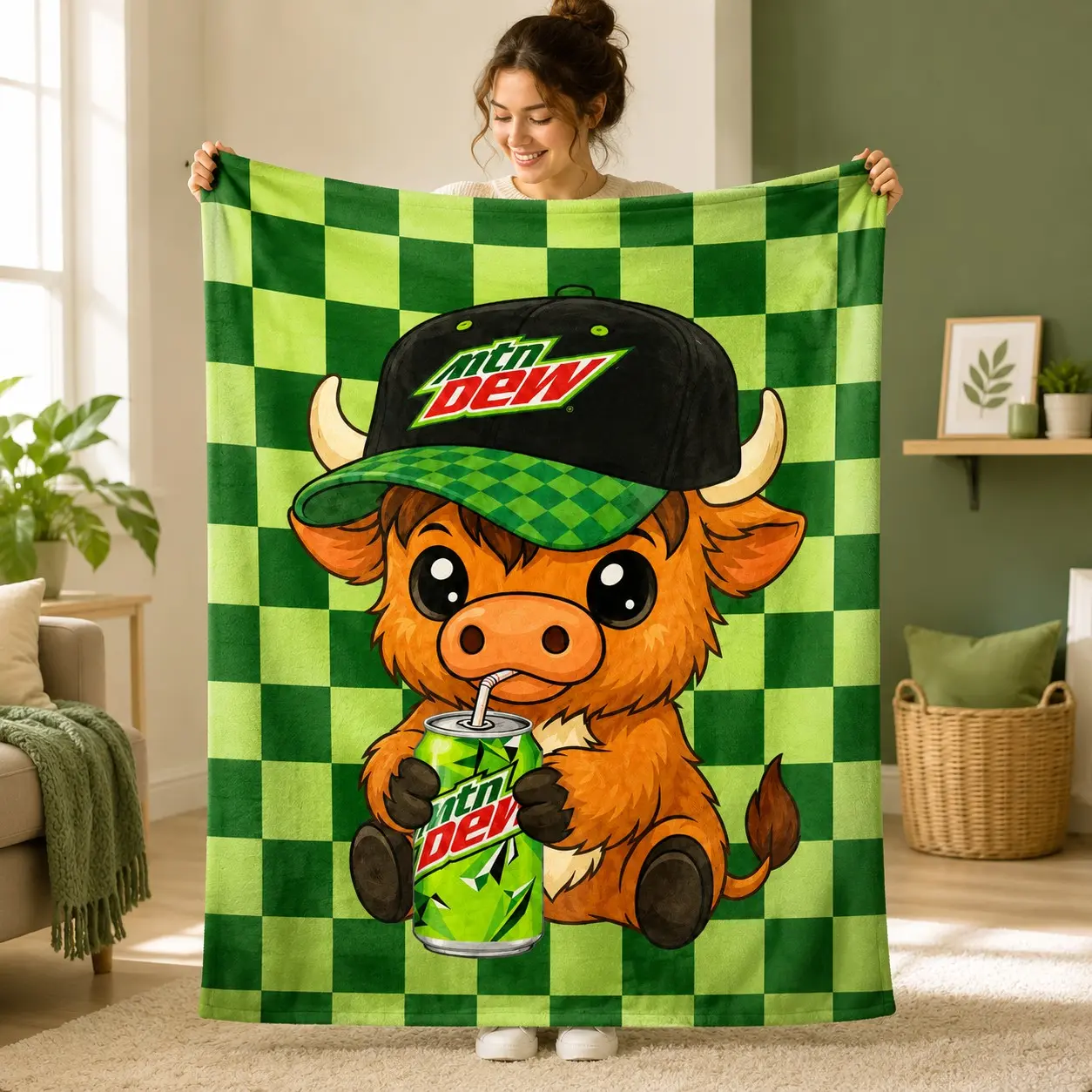 1pc Cute Highland Cow Mtn Dew Soda Cartoon Print Fleece Blanket, Two Styles of Green Check & Solid Background Cartoon Cow With Cap Holding Soda Can Hand Drawn Pattern, Trendy American Casual Soda Lover Style, Multiple Styles Available. Soft Warm Cozy Nap