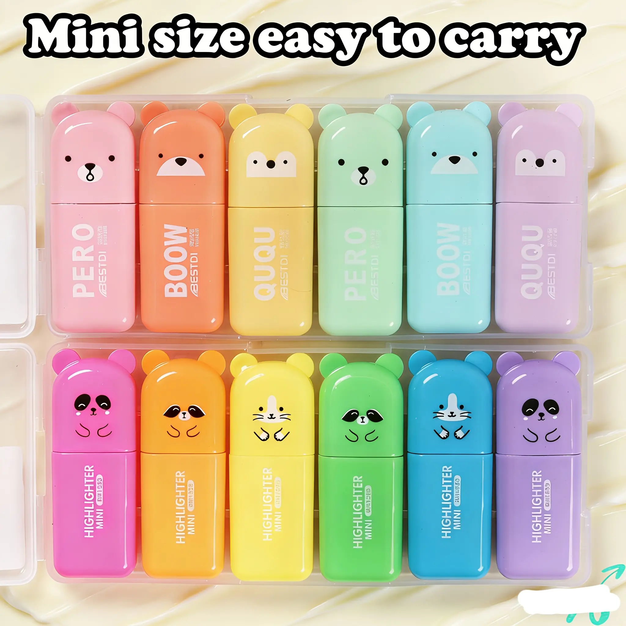 12-Pack Cute Bear Mini Highlighters, 2 Adorable Animal Designs with Soft Macaron Colors. Features a Slanted Tip for Smooth Ink Flow, Eye-friendly and Smudge-proof. Compact and Portable with a Cap, Ideal for Note-taking, Highlighting, Reading