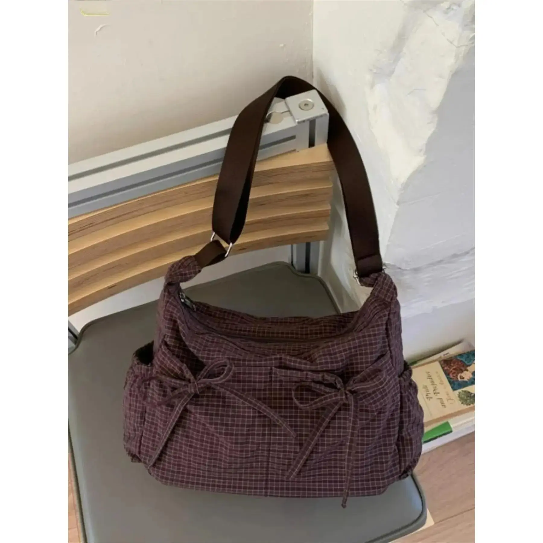Women's Plaid Bow Colorblock Shoulder Bag, Soft Lightweight Crossbody Purse with Roomy Design, Casual Messenger Bag for Daily Use, Perfect Valentine's Day or Holiday Gift for Her