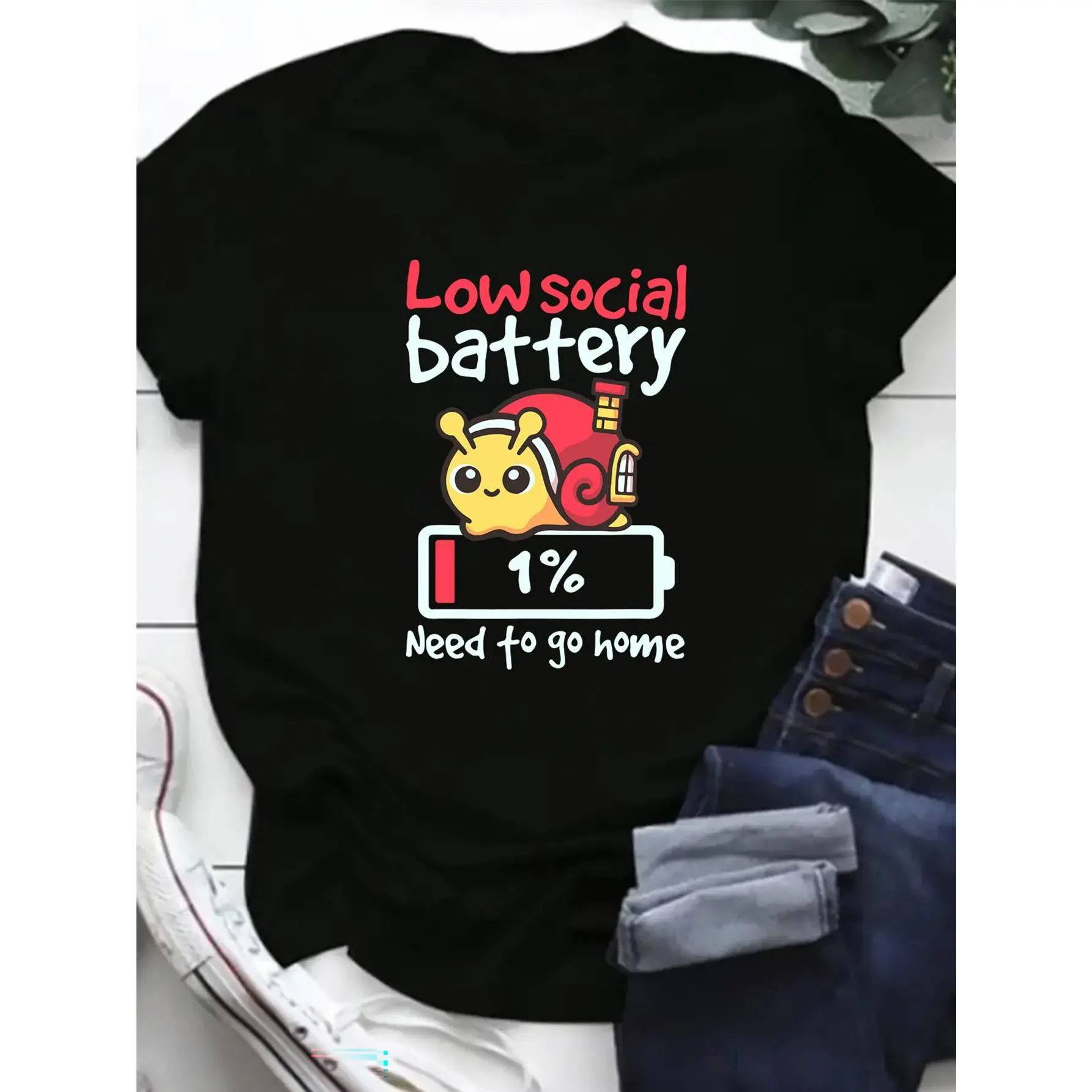 100% Cotton Women Round Neck Short Sleeve T-Shirt, Low Social Battery 1% Cute Snail House Cartoon Graphic Front Print Loose Casual Tee, Introvert Funny Humor Soft Breathable Summer Daily Wear Top Gift