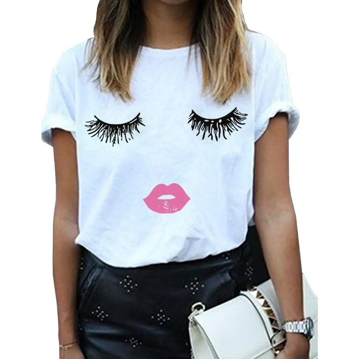 Women's Short-Sleeve Casual Lady Streetwear T-Shirt - Eyelashes & Lip Print Graphic, Beauty Aesthetic Face Design, White Comfortable Womenswear Top, Shortsleeve, Tshirt
