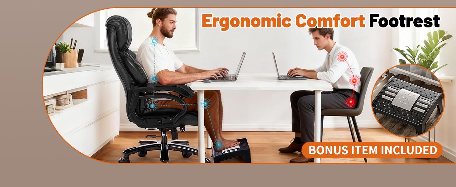 ARCH 800LBS Heavy Duty Office Chair & Massage Footrest Big & Tall Executive Chair with Adjustable Lumbar Support, PU Leather, Extra Wide Seat for Comfort