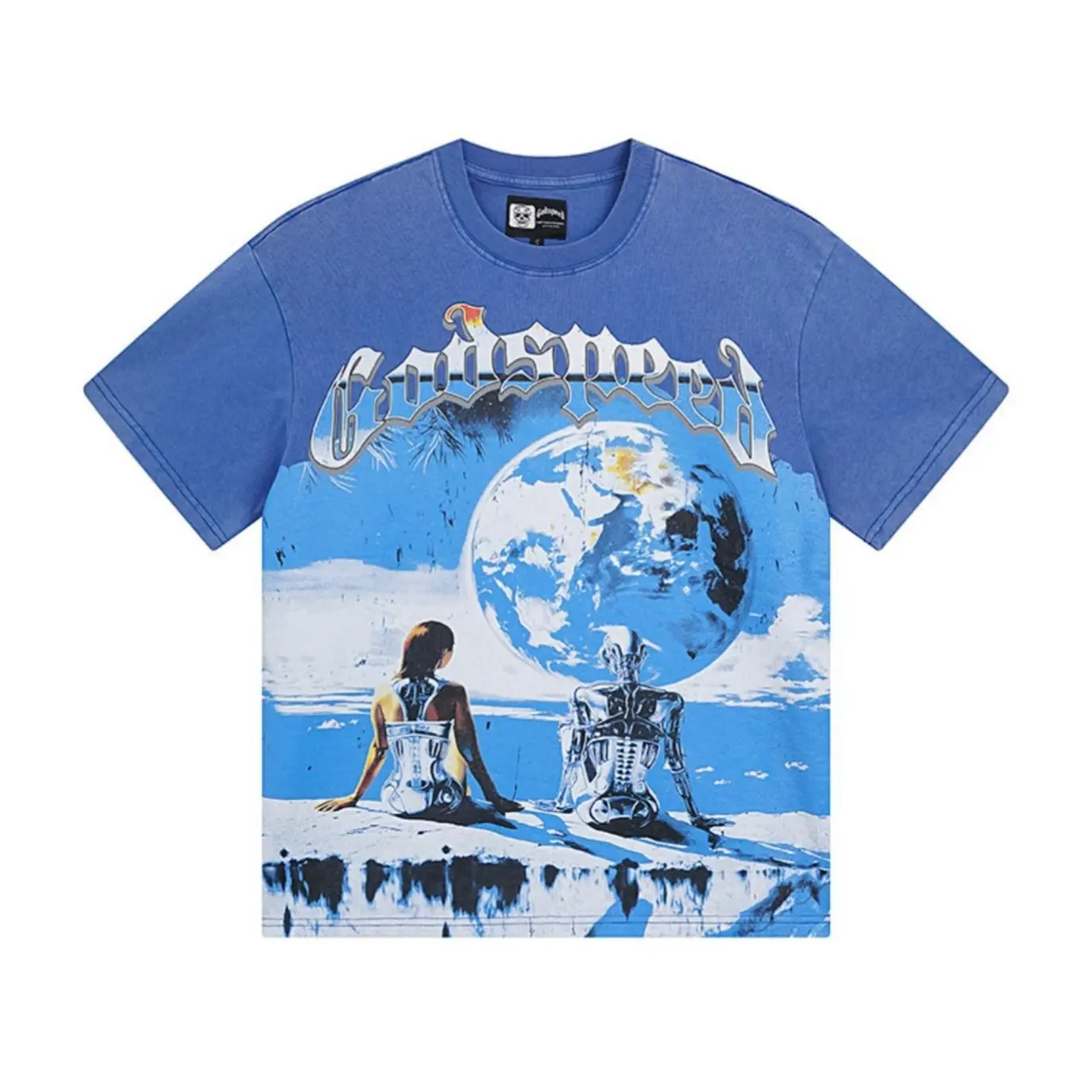 Godspeed Unisex Y2K Cyberpunk Graphic Cotton Tee Vintage Washed Blue Oversized Streetwear Hip Hop Sci Fi Globe Summer Short Sleeve Loose Fit Trendy Shirt