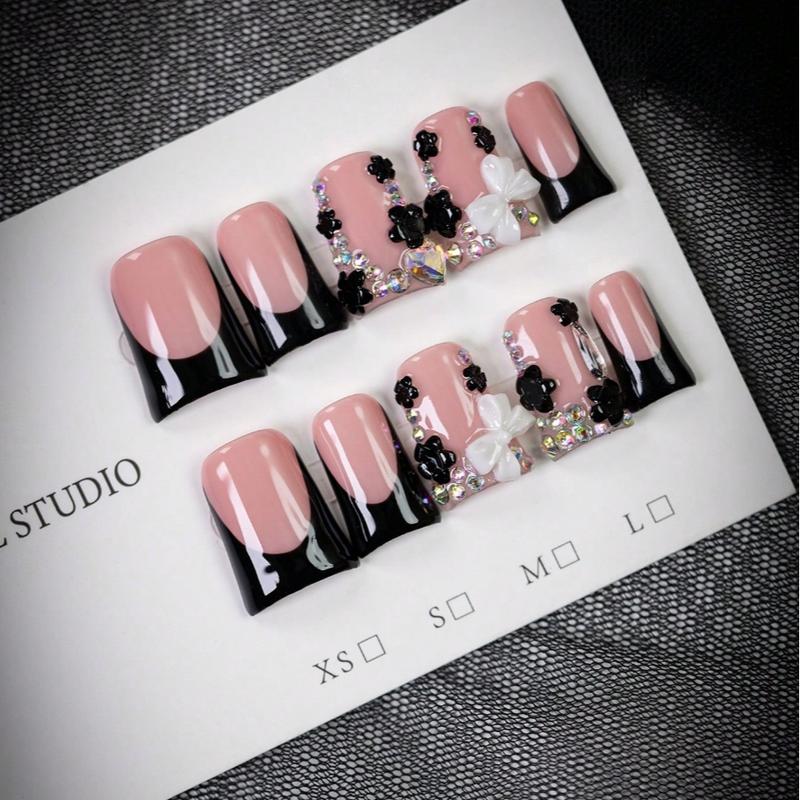 10pcs Y2K Style White Bow Short Duck Nails, Handmade Black Edged French Press-On Nails With Bow, Flower, And Rhinestone Accents, Rhinestone Bow Decorated In Indie Aesthetic, For Daily, School, Or Office, Great Gift For Women And Girls