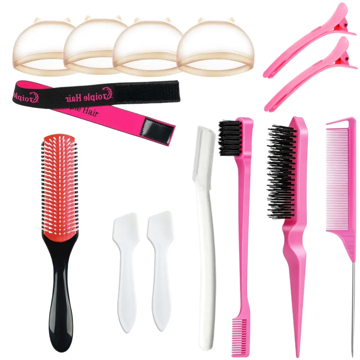 14pcs Hair Extension Styling Tool Kit with Detangling Brush, Rat Tail Comb, Double-Sided Teasing Brush, Hair Clips, Edge Razor, Hair Tapes & Applicator Spatulas,  Salon Hair Styling Accessories for DIY Hair Extensions, Wave Curls & Edge Control,hair tool