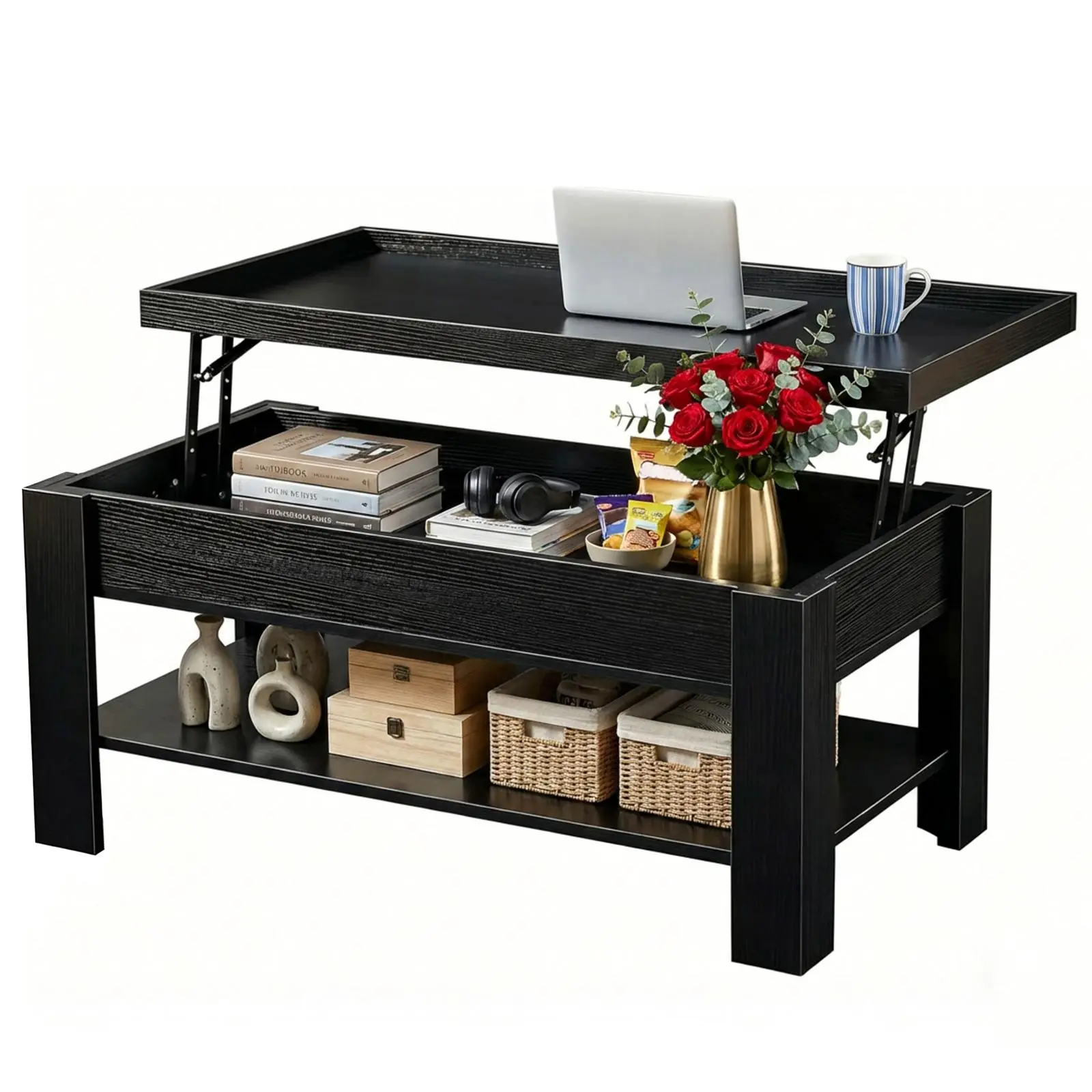Contemporary Wood Color Single Unit Rectangular Hydraulic Lift Top Coffee Table - Hidden Storage Compartment, Open Shelf - Multi-Functional Desk for Living Room Small Spaces, Contemporary Home Decor