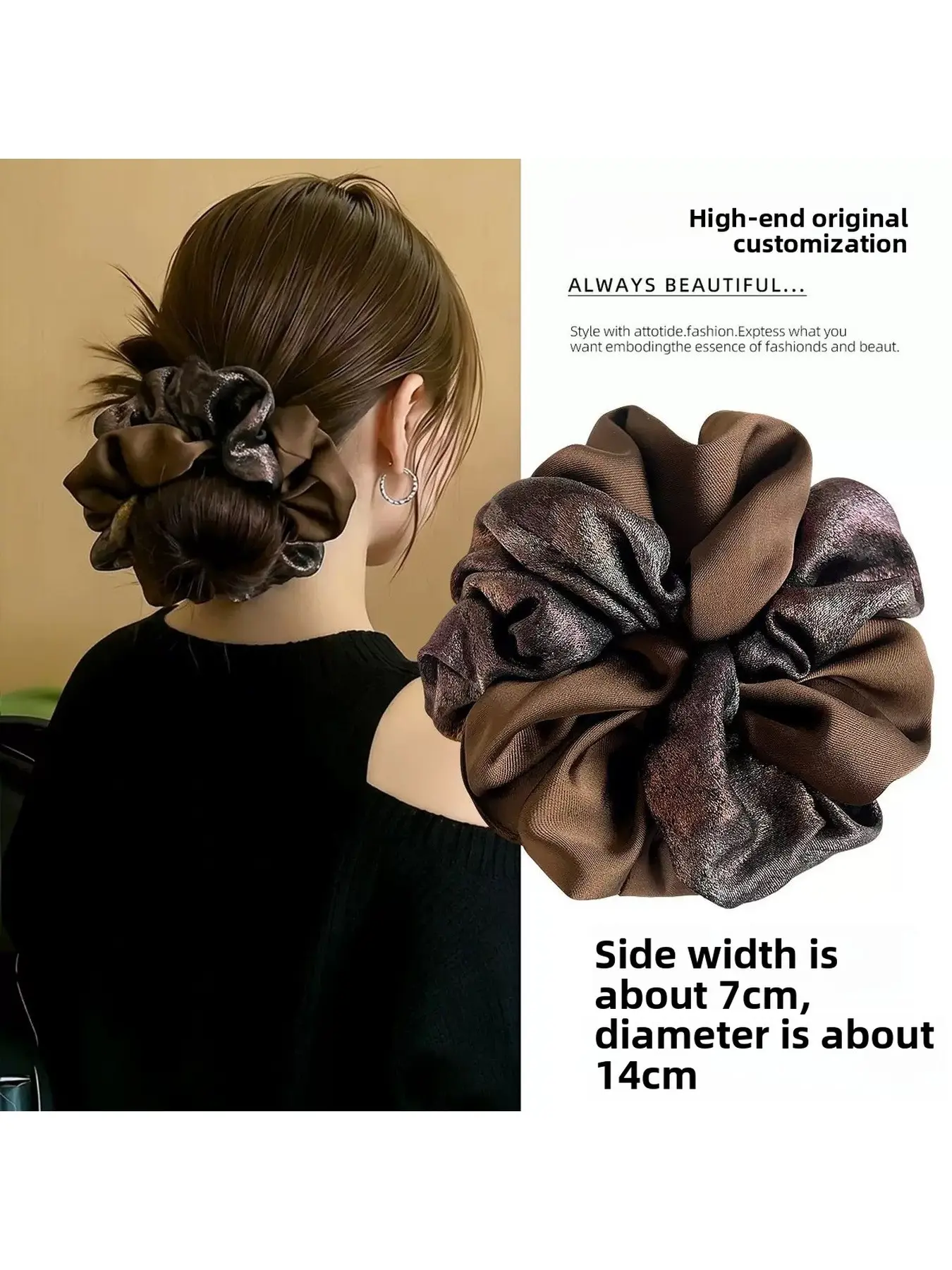Niche Elegant Vintage Twisted Satin Scrunchies, Blue Coffee Color Block Retro Print Lazy Hair Flowers Hair Ties for Women