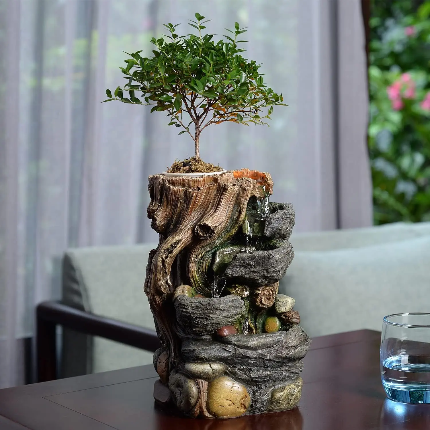 Indoor 5-Tier Rockery Tabletop Waterfall Fountain with Auto Watering and Small Plastic  Pot, Decorative  Water Fountain (22021)