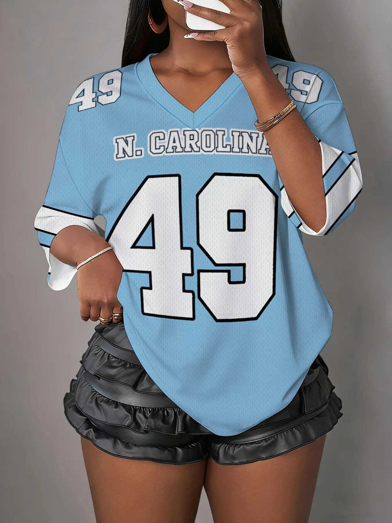 Y2K American North Carolina 49 Number Light Blue Mesh V-Neck Jersey, Loose-Fitting All over Print T-Shirt, Unlined Y2K Style Top